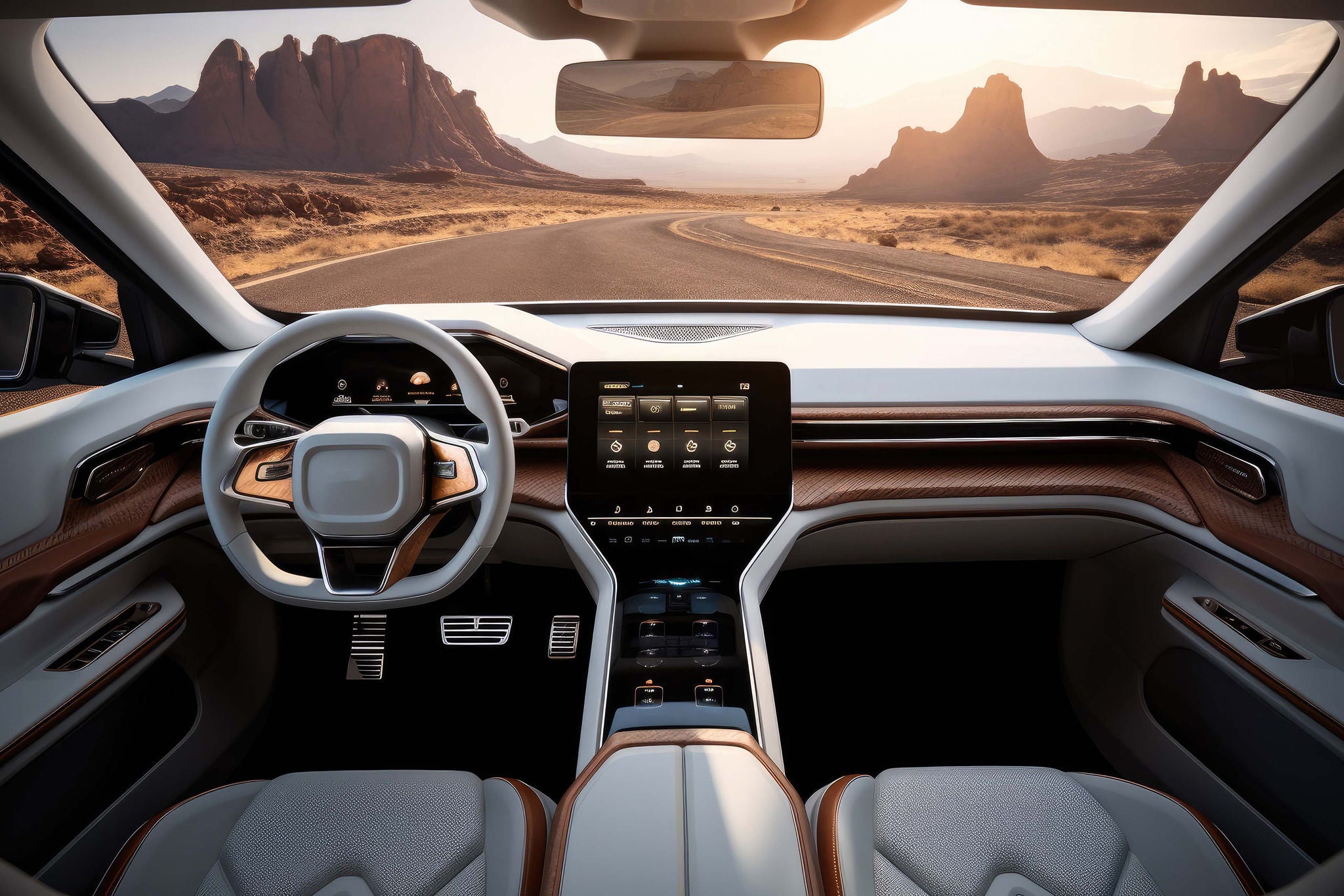 Car interior design, A futuristic car in a off road landscape.