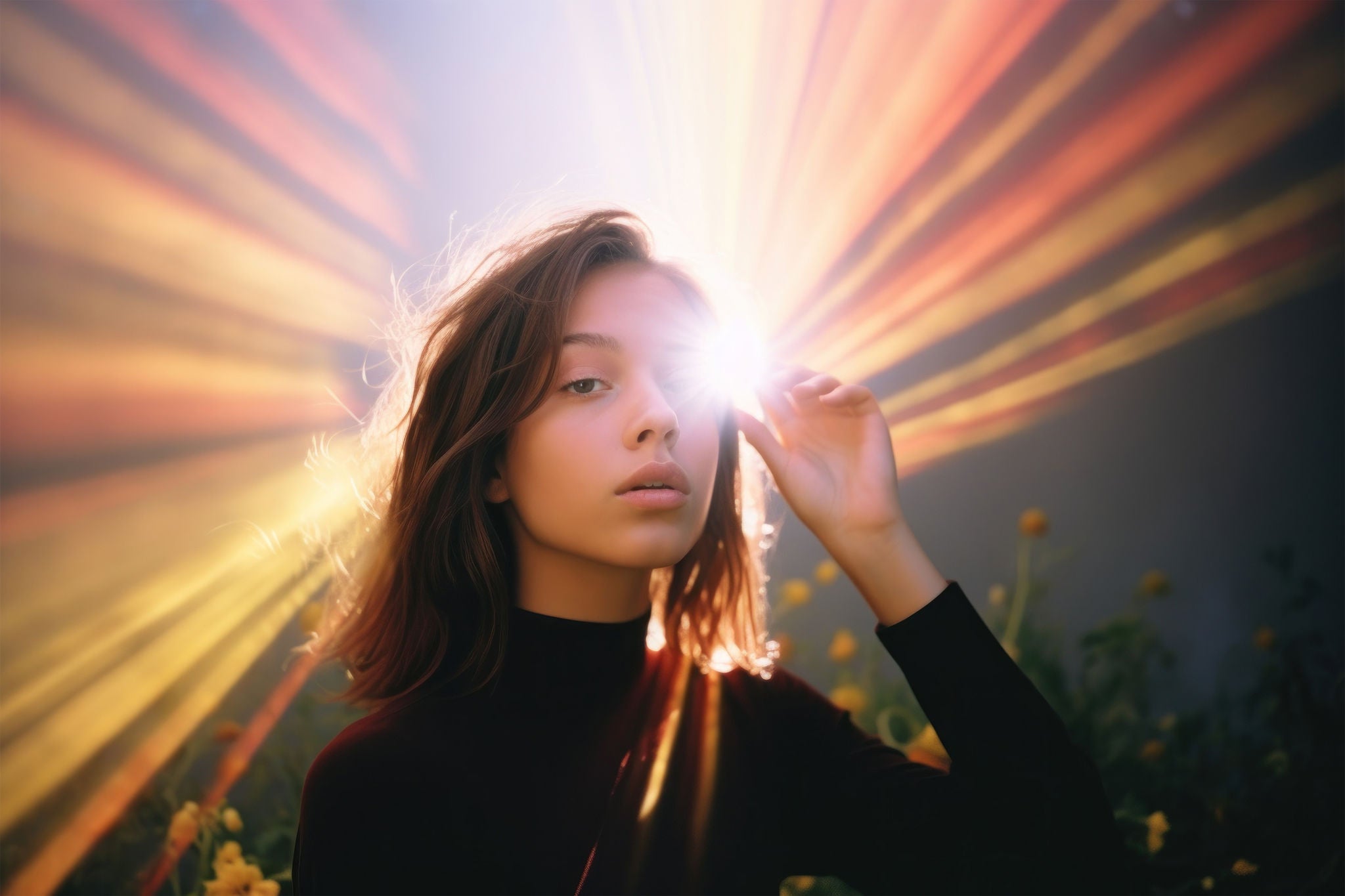 Woman surrounded by bright lights