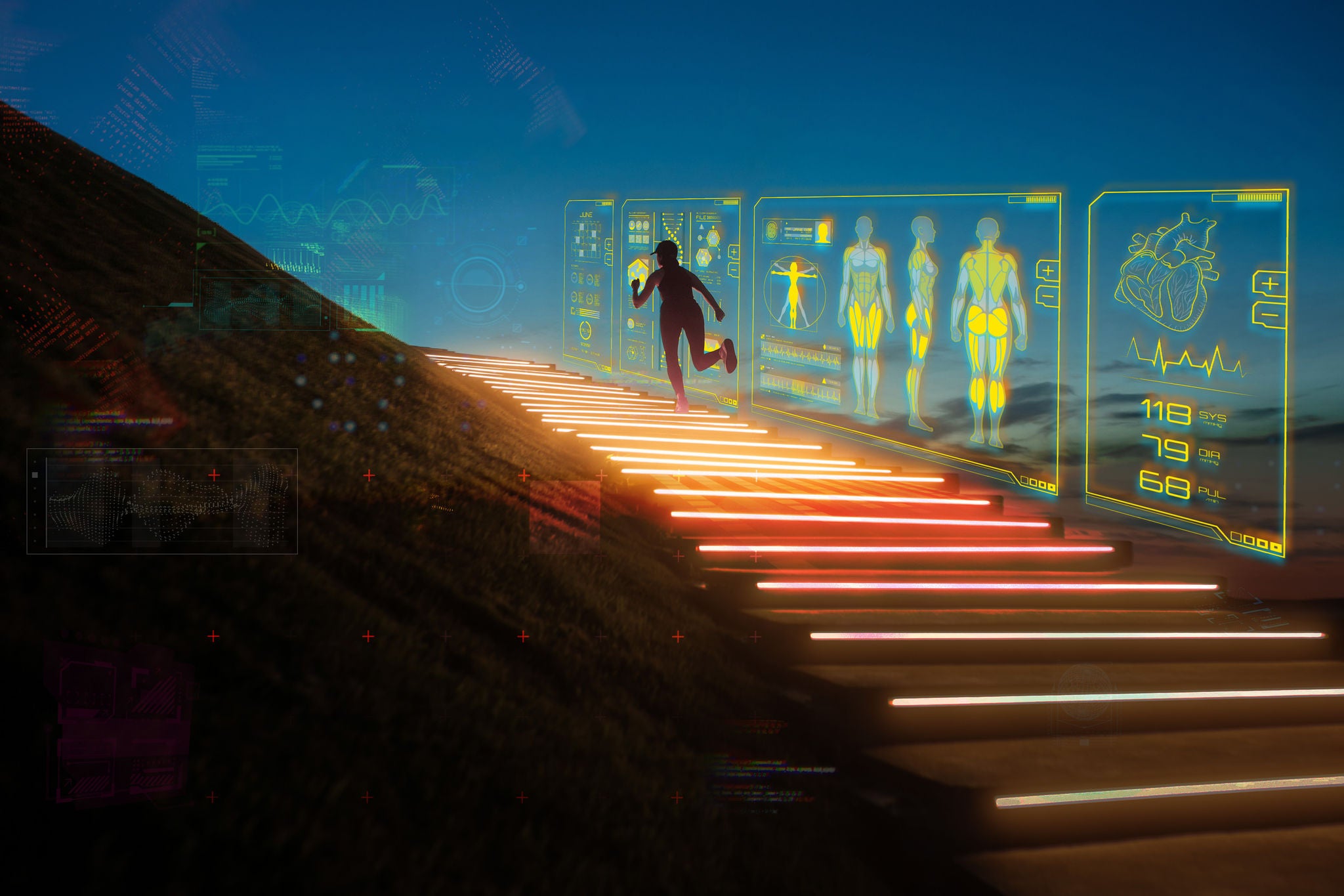 A woman runs outdoors up illuminated stairs at sunset