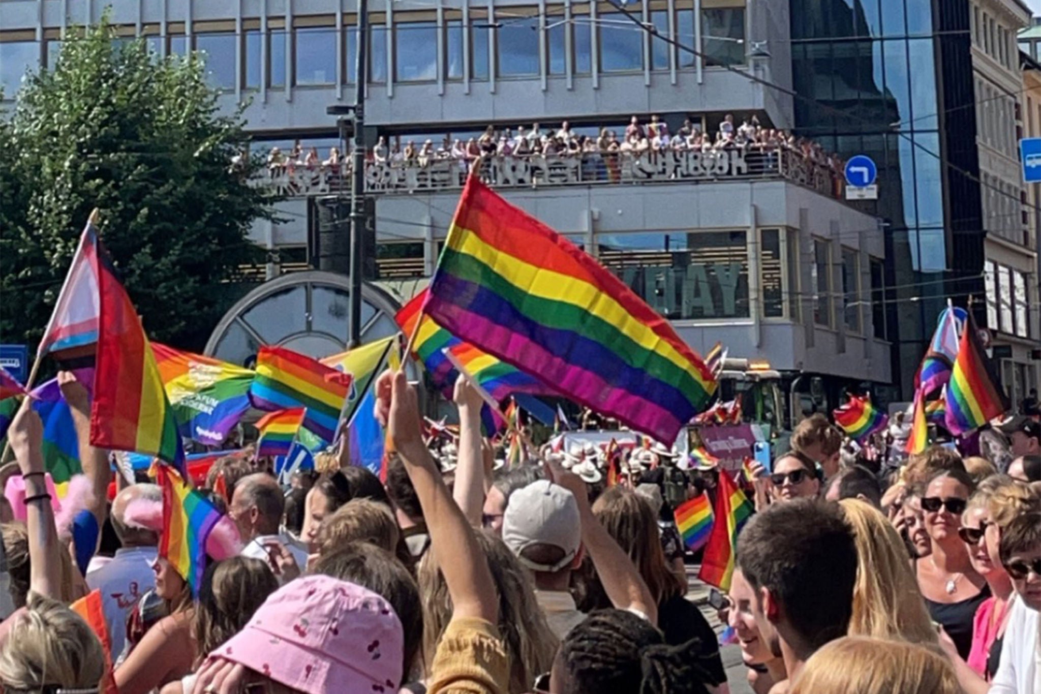 Norgesfolk vifter med flagg på Pride-dagsfeiringen