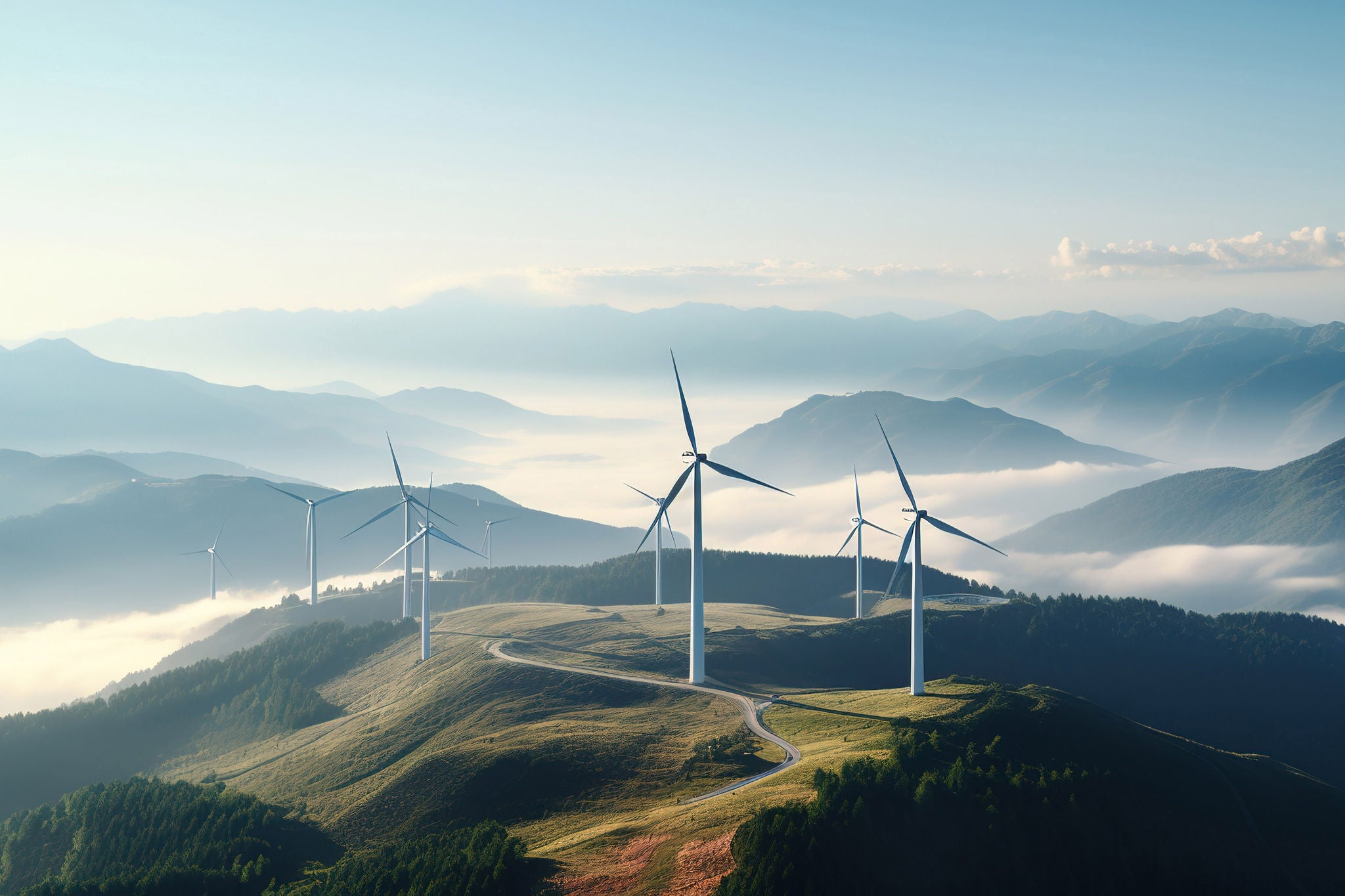 A Clean energy industry: Green energy wind farms on high mountains, aerial photography,