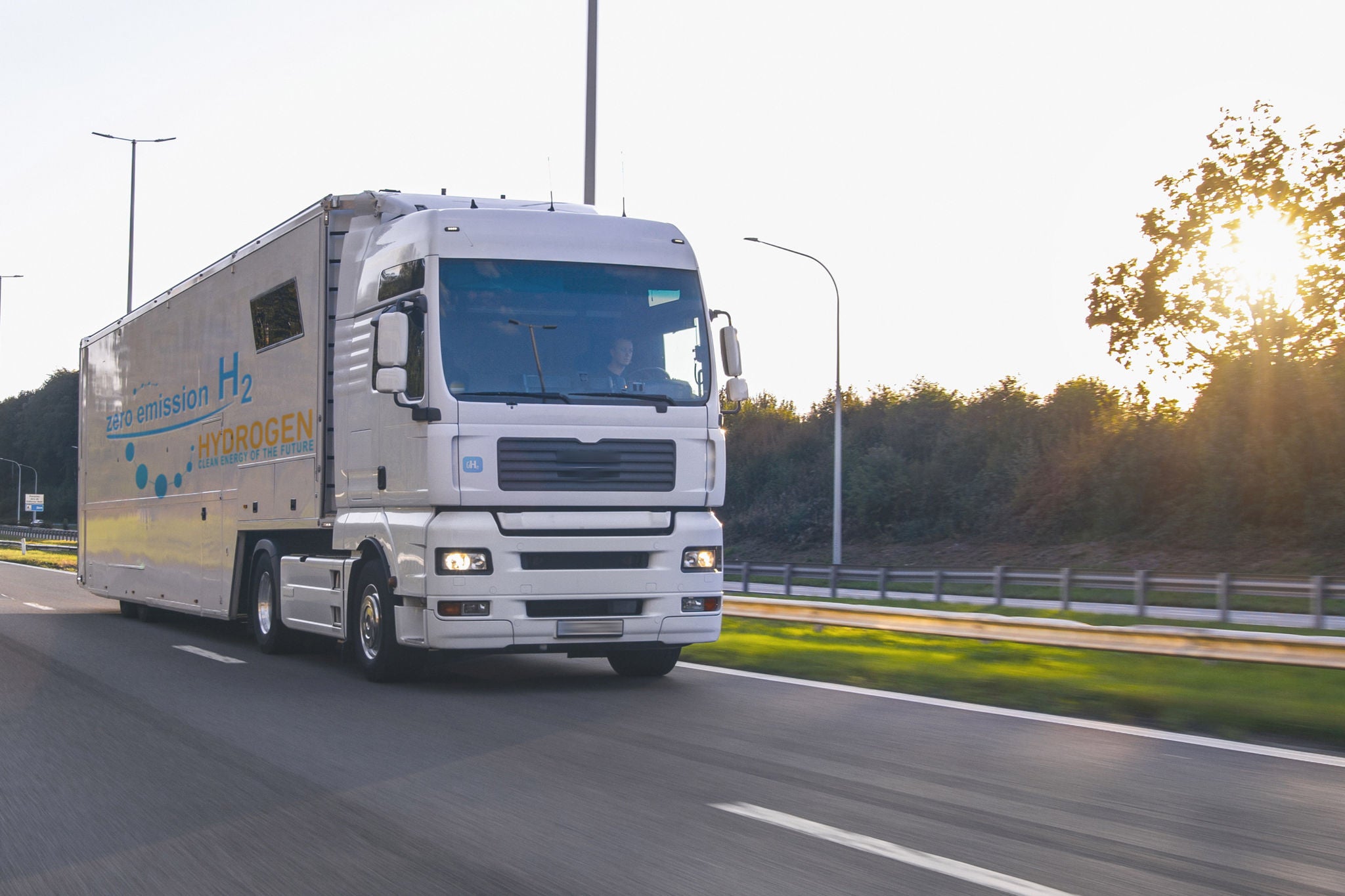 Hydrogen fueled truck on the road driving