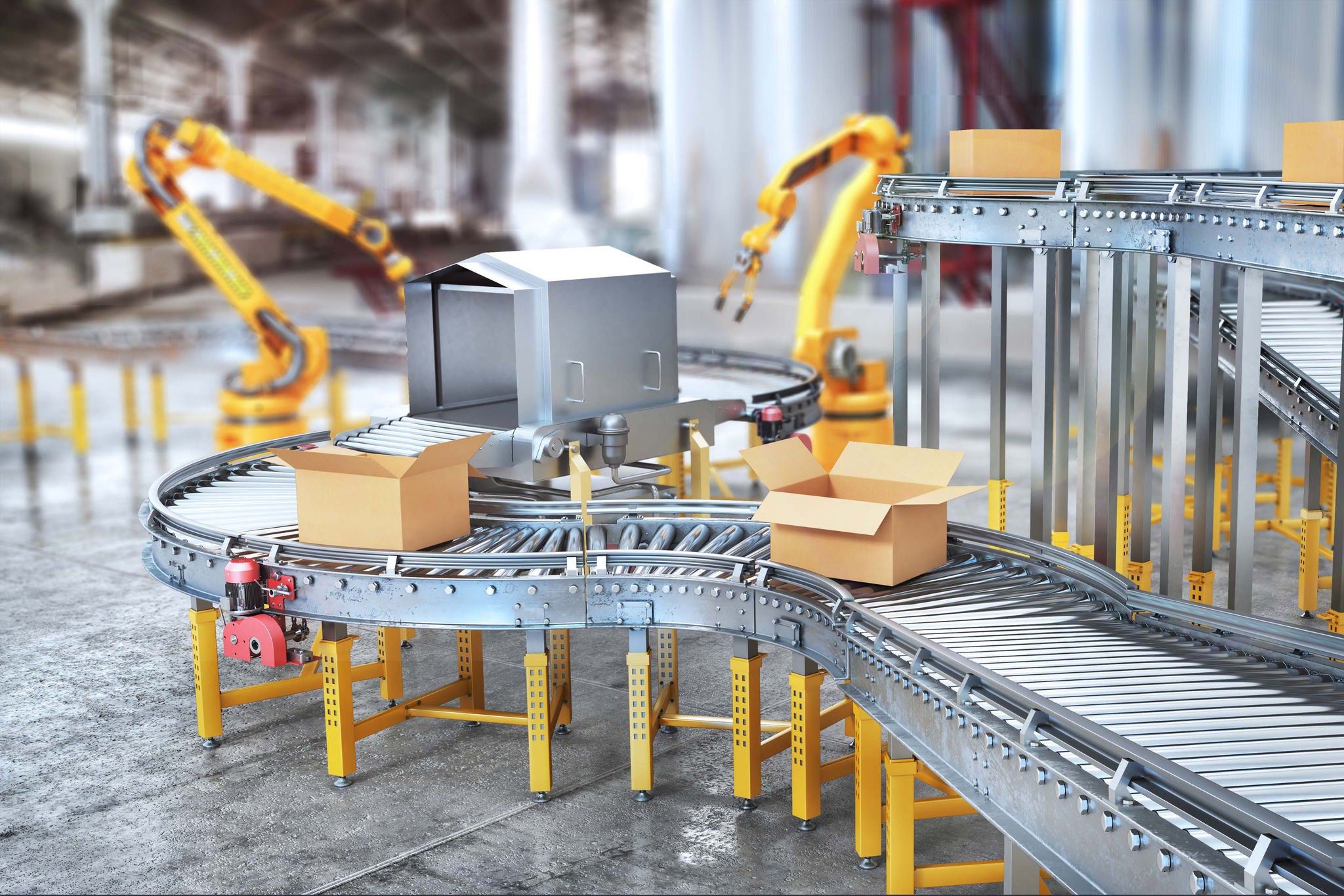 Blank conveyors on a blurred factory background. 3d illustration