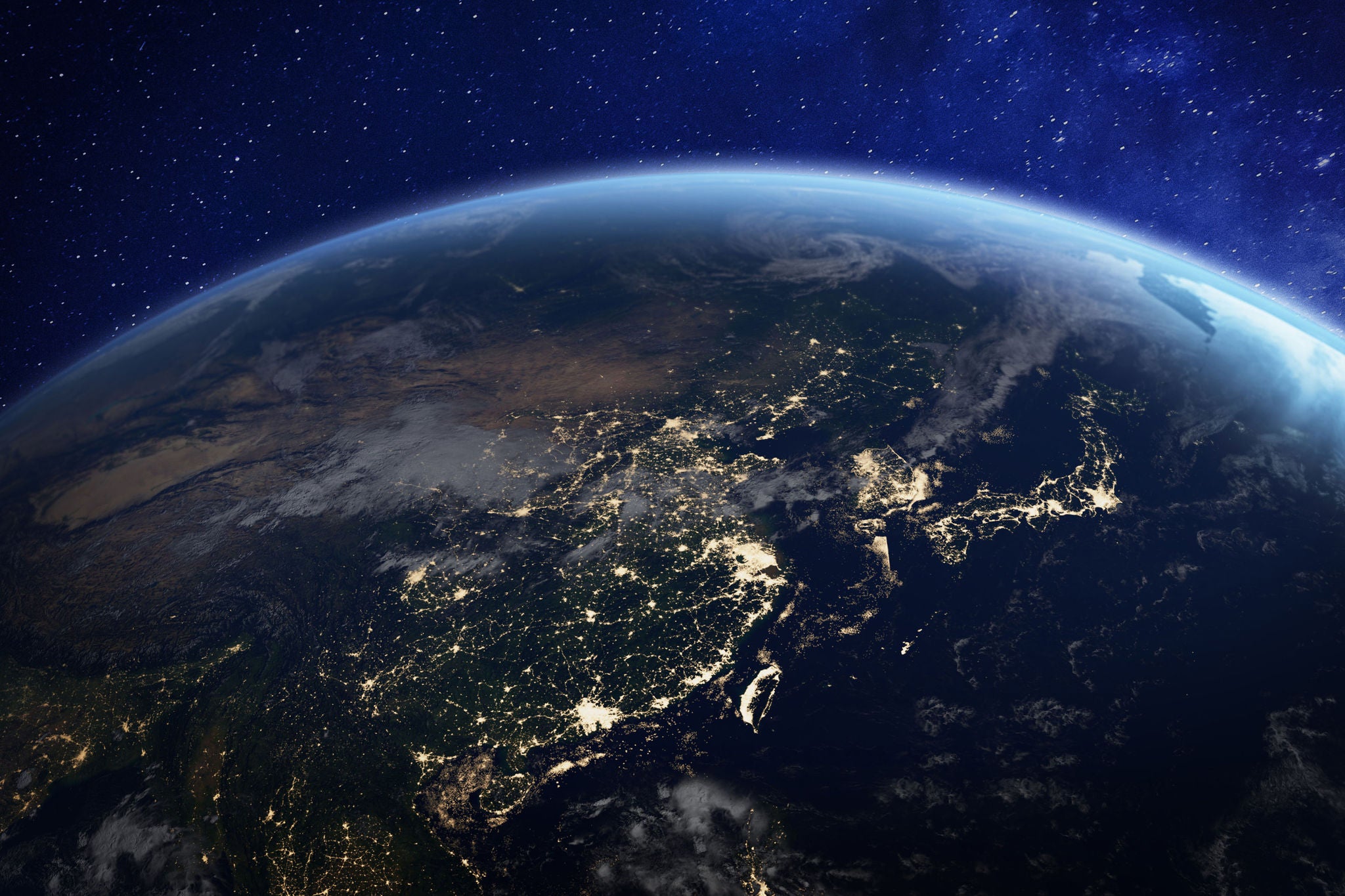 Asia at night from space with city lights showing human activity in China, Japan, South Korea, Taiwan and other countries, 3d rendering of planet Earth, elements from NASA (https://eoimages.gsfc.nasa.gov/images/imagerecords/57000/57752/land_shallow_topo_2048.jpg)