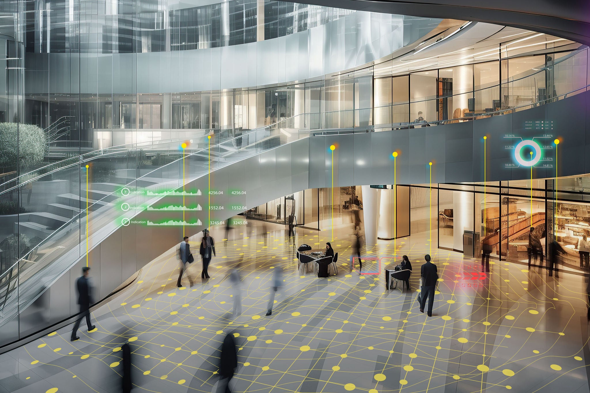 Top view Long exposure shot of modern office lobby with business people walking in fast movement, Generative AI
