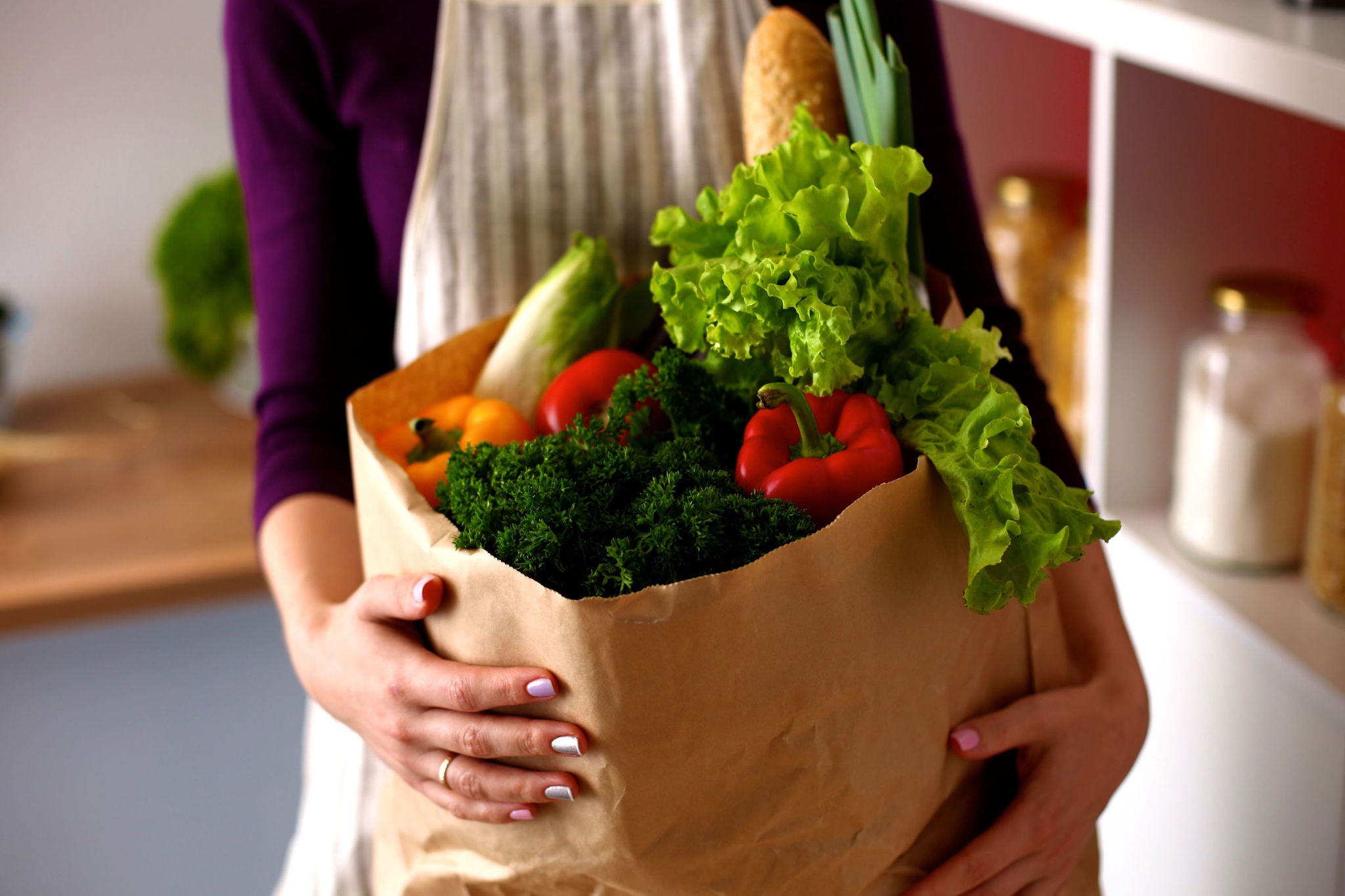 FIlled grocey bag  in a womans hand