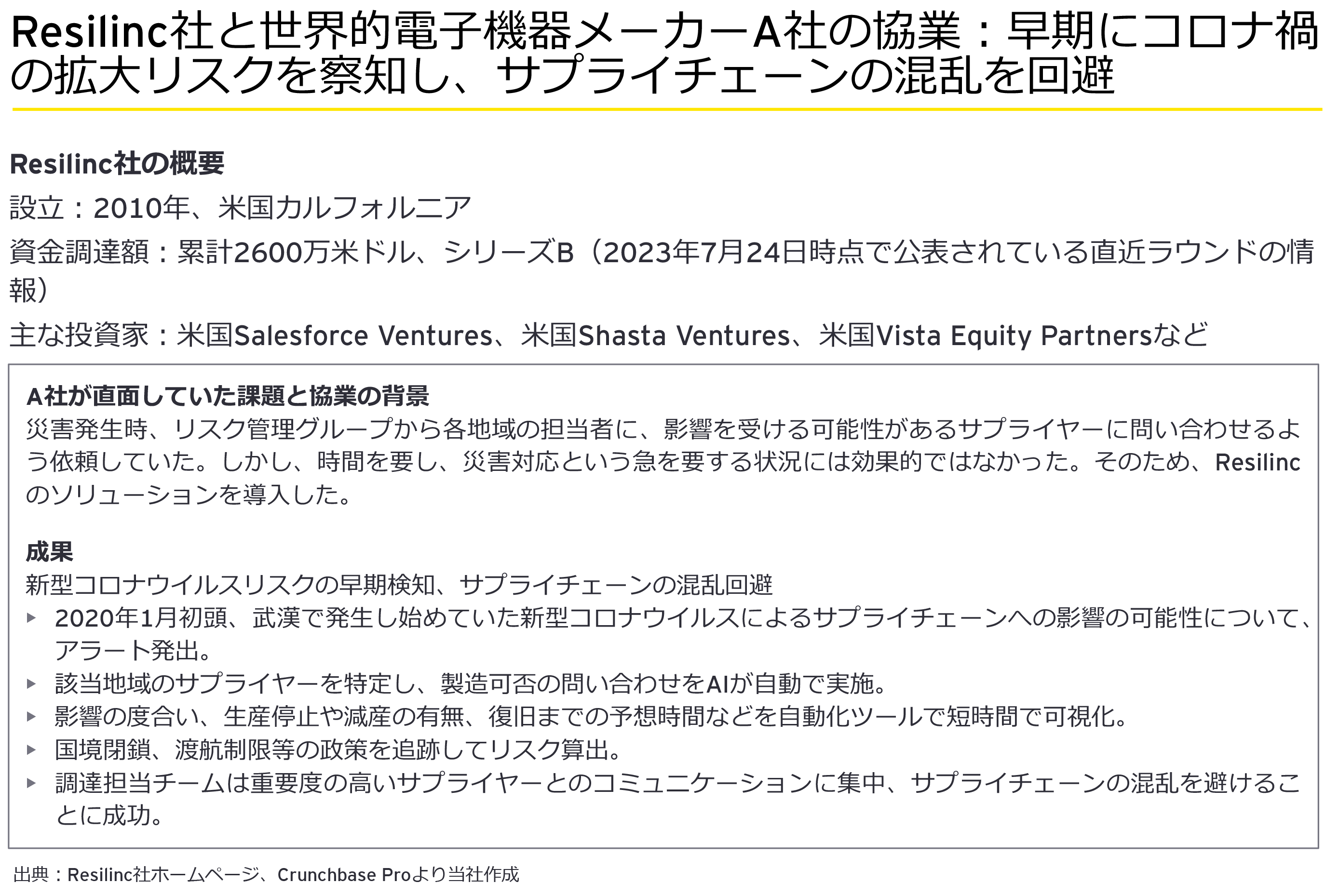 図4：Resilinc社と世界的電子機器メーカーA社の協業：早期にコロナ禍の拡大リスクを察知し、サプライチェーンの混乱を回避