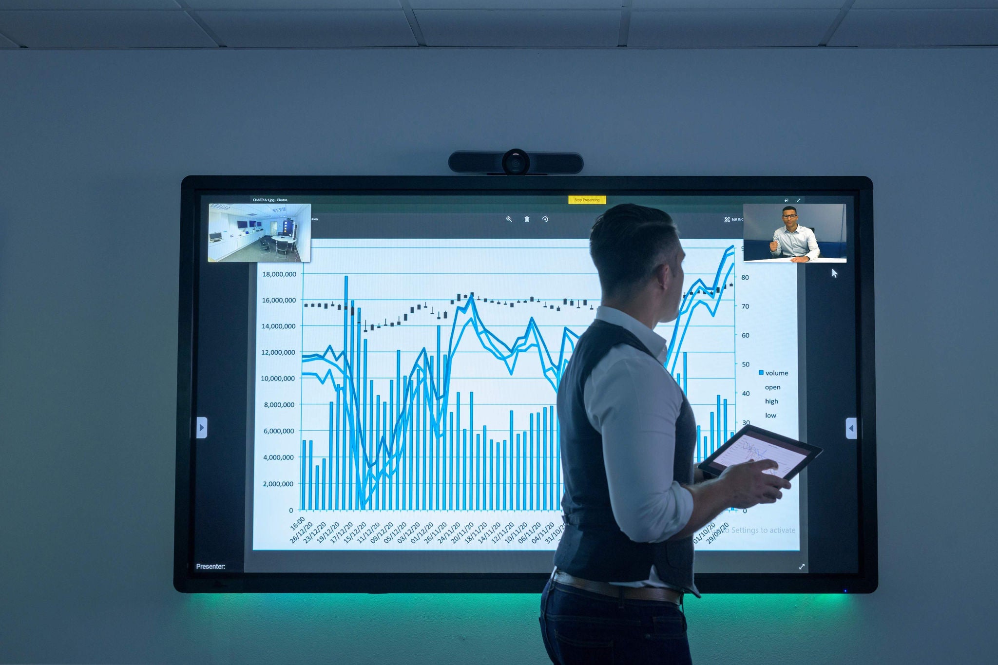 Businessman using video conferencing interactive screen business meeting