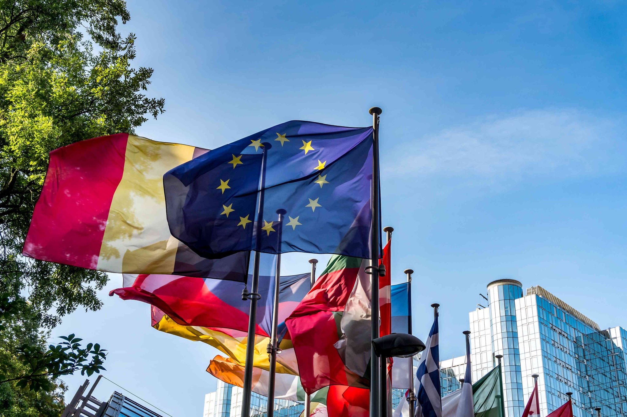 European national flags in front of European Parliament building