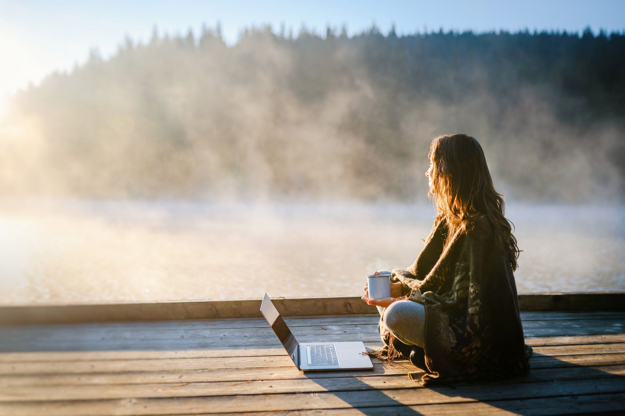 Young woman working on  laptop in the nature . Leisure activities / Remote working concept.