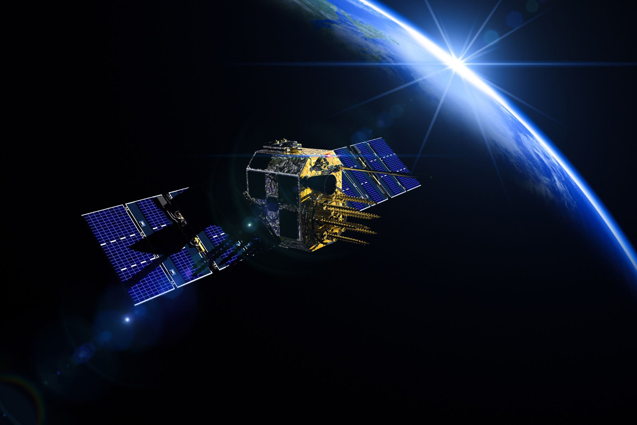 Satellit und Sonnenaufgang im Weltraum