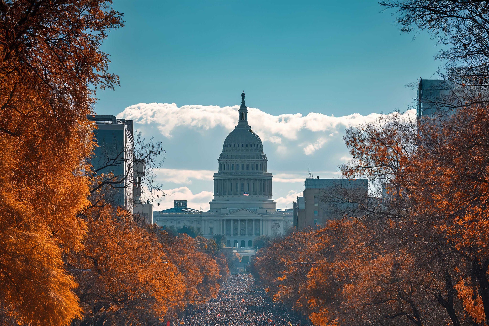 A large crowd of protesters gathers outside the Capitol building during a national demonstration.