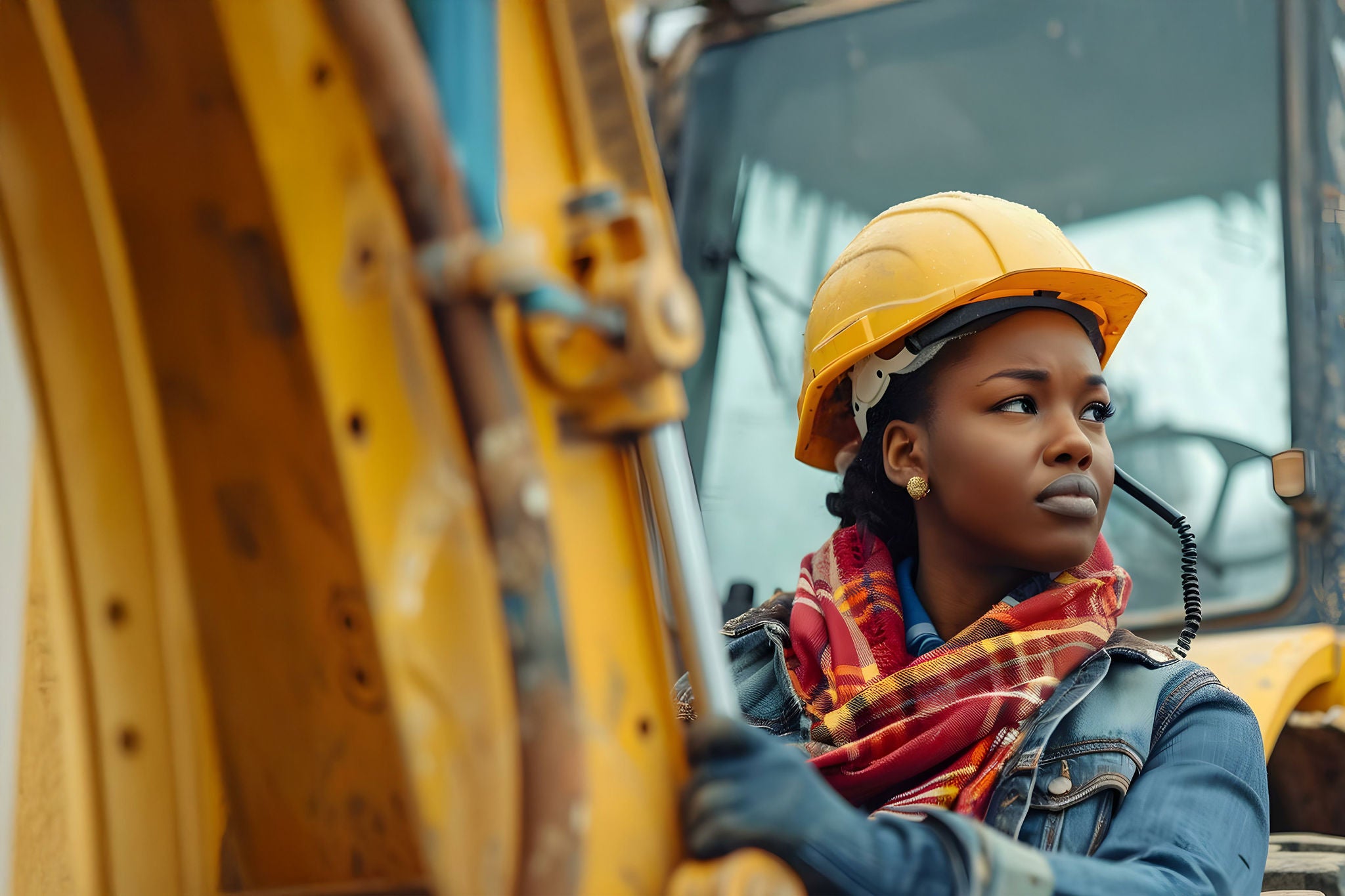 Female engineer operating backhoe at construction site with walkie talkie