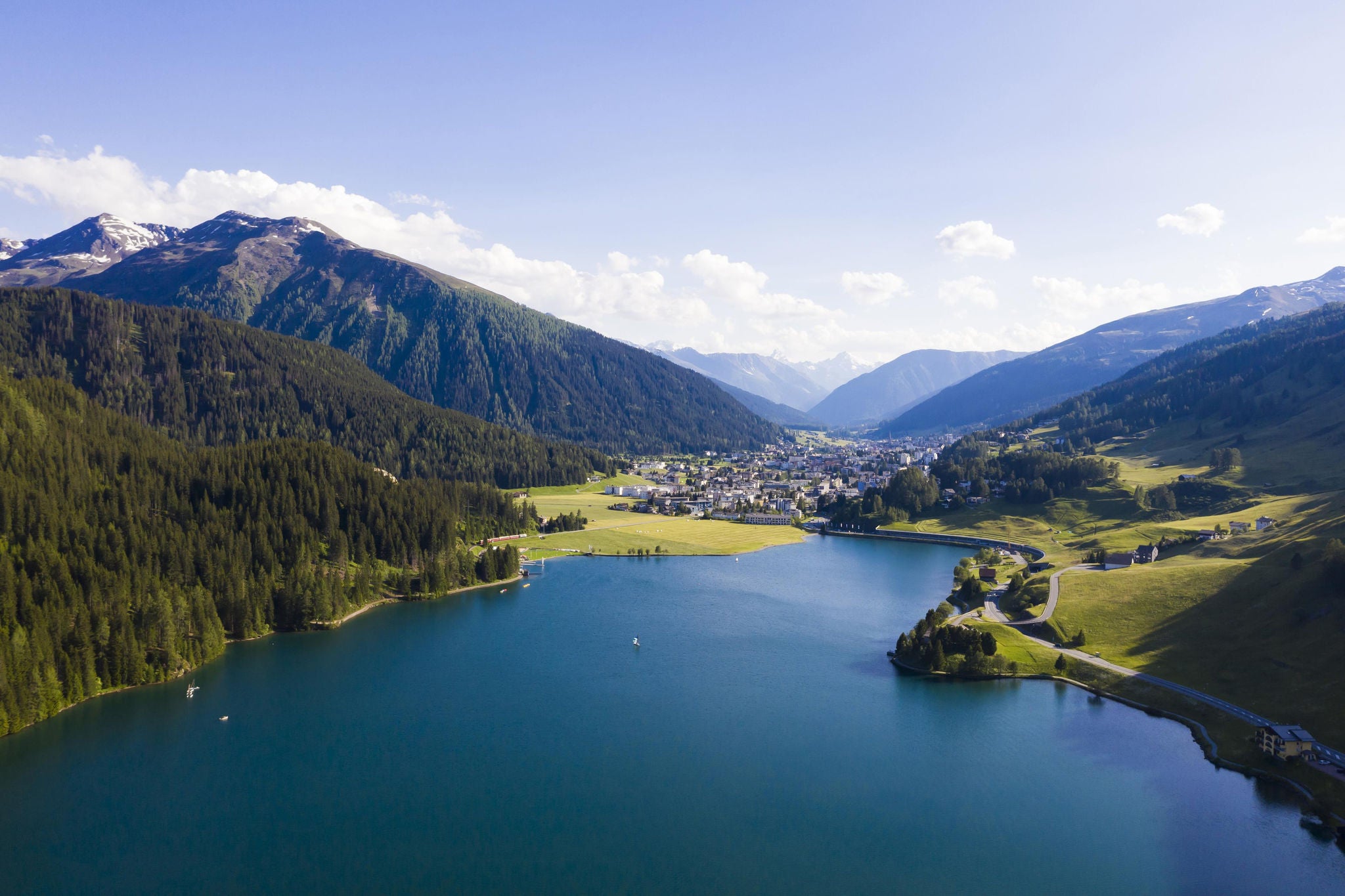 Davos Aerial view of Lake Davos in summer Switzerland