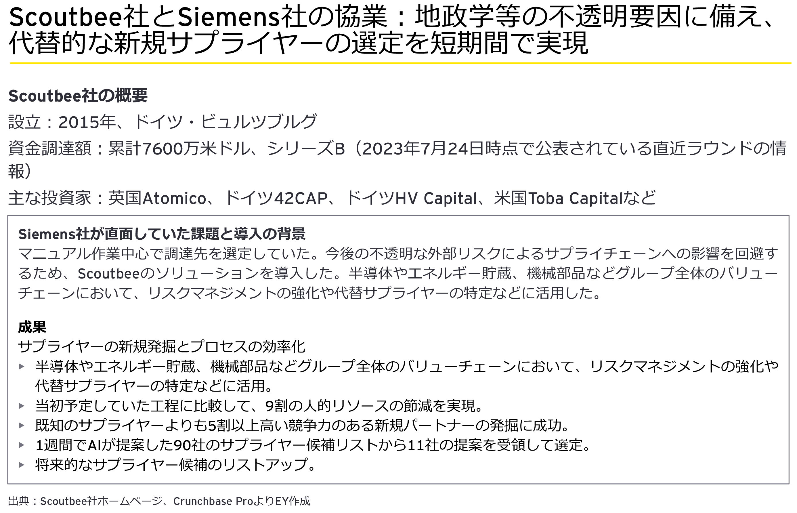 図5：Scoutbee社とSiemens社の協業：地政学等の不透明要因に備え、代替的な新規サプライヤーの選定を短期間で実現