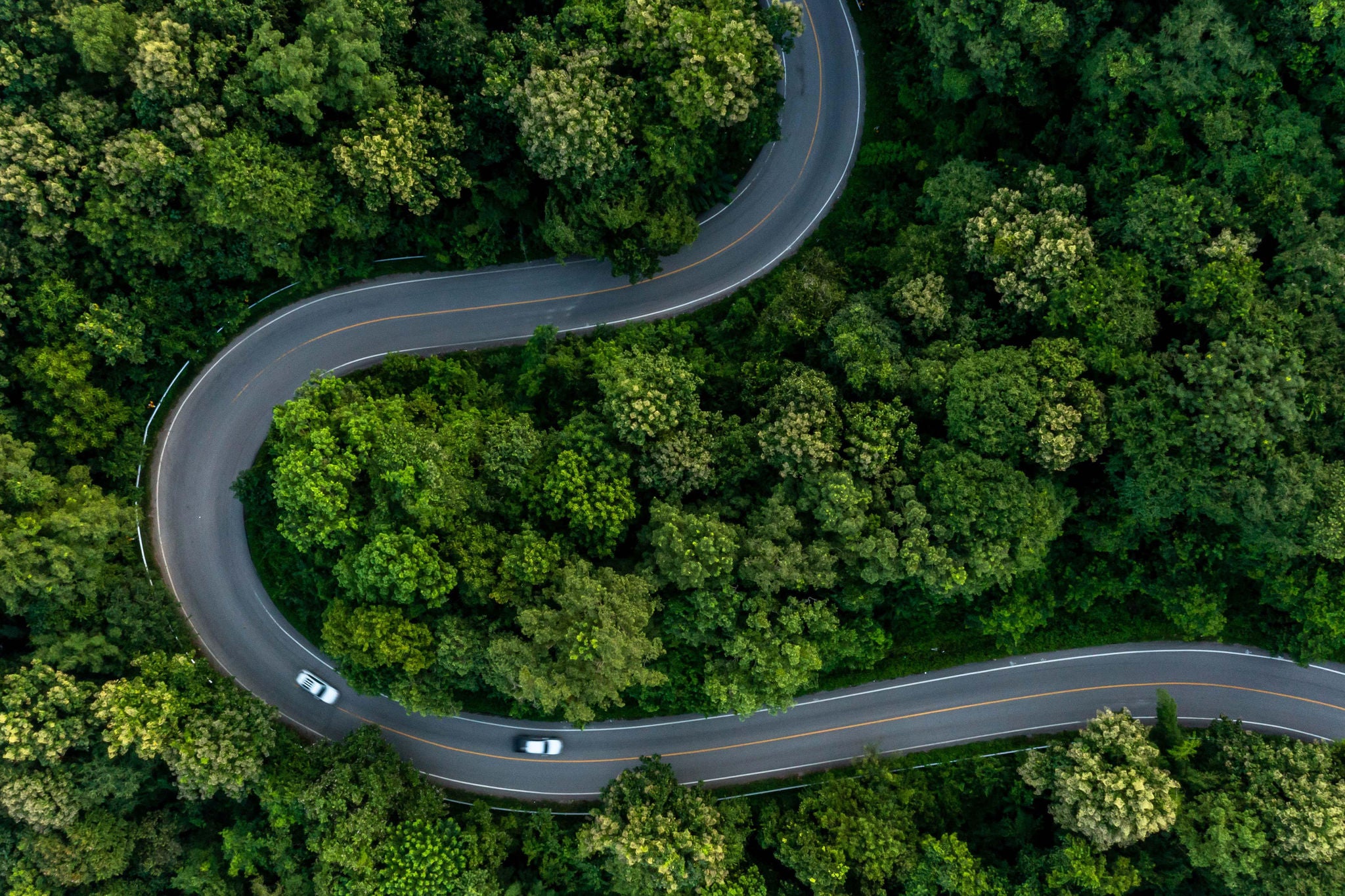 Asphaltierte Straße im Wald von oben aus der Luft mit Bewegungsunschärfe des Aut
