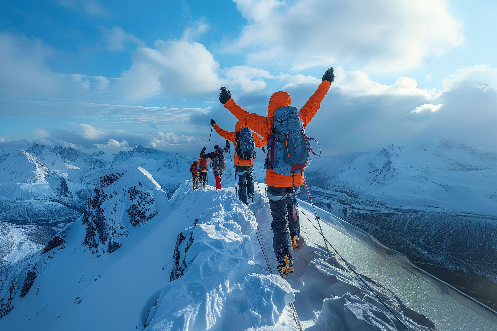 Group of mountaineers is celebrating reaching the top of a snowy mountain peak