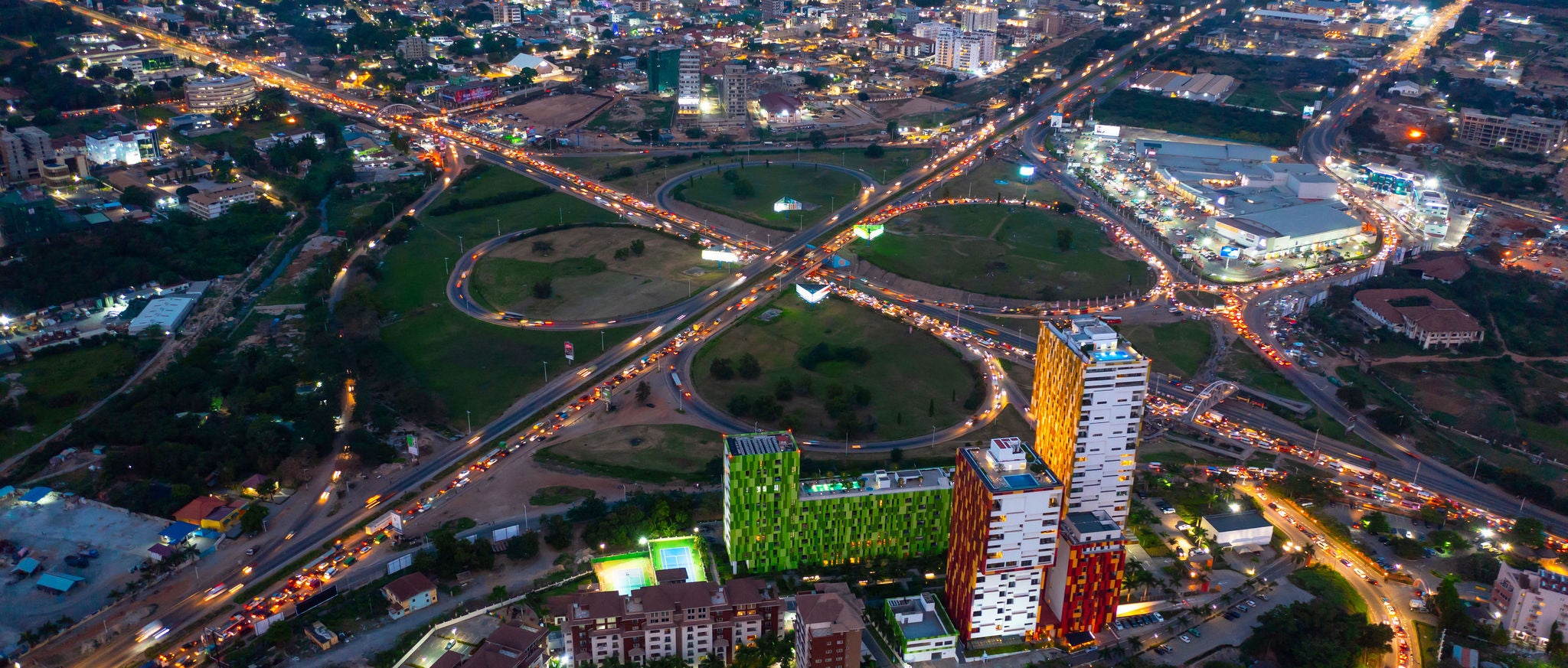 Aerial shot of the city of Accra in Ghana at night