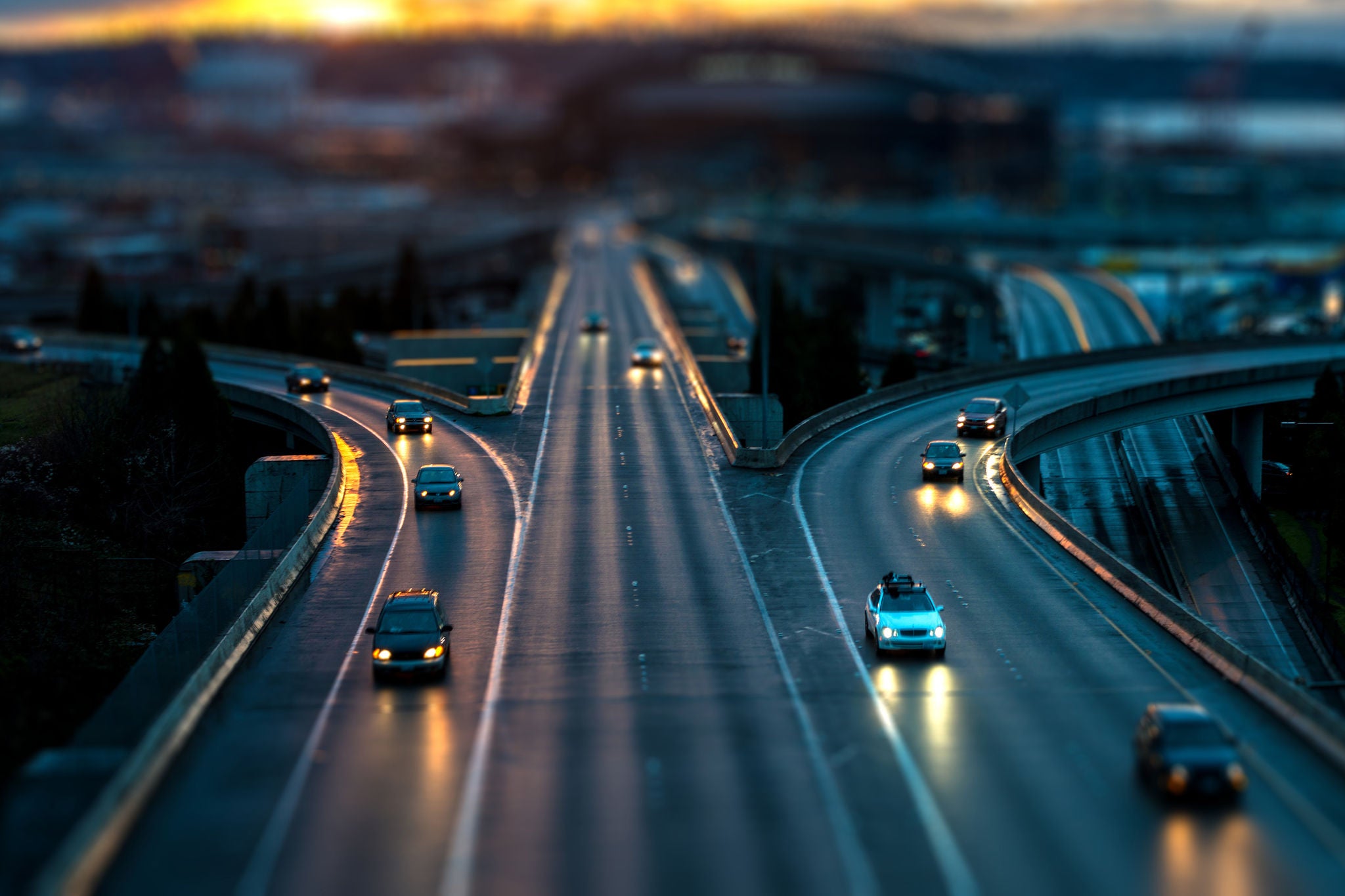 Tilt shift sunset road cars