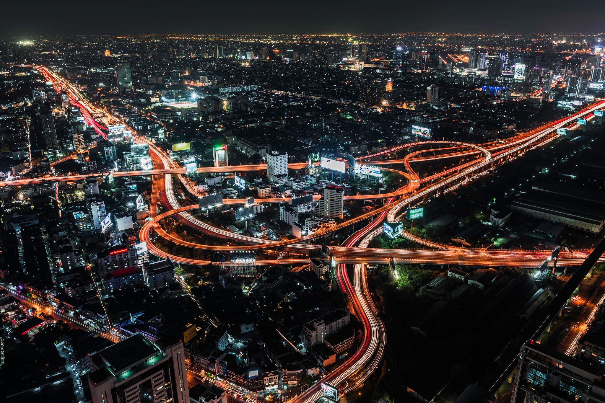 Aerial view of road intersection at night bangkok thailand