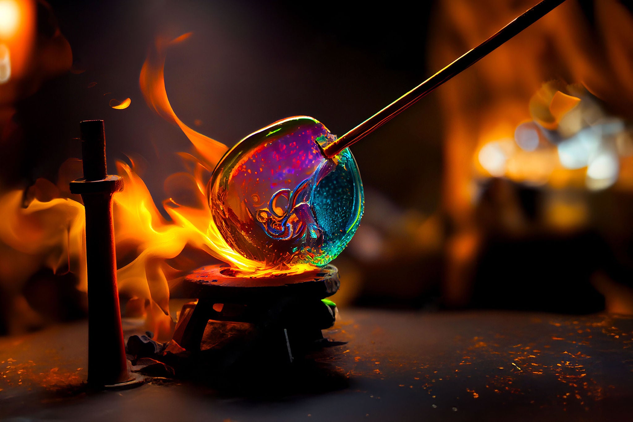 A glass crafter is burning and blowing an art piece. Ai generated