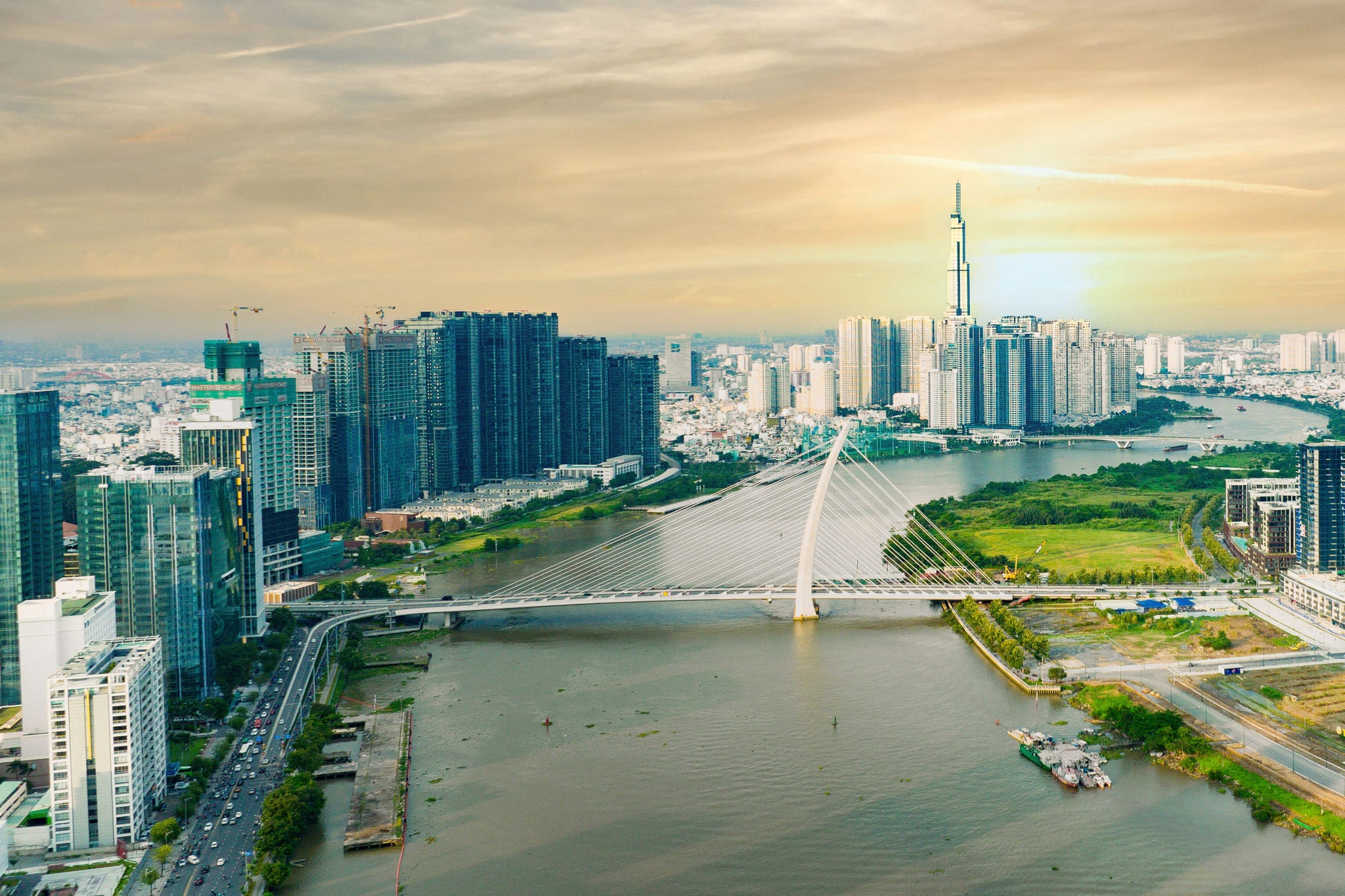 Aerial view of sunrise in the city