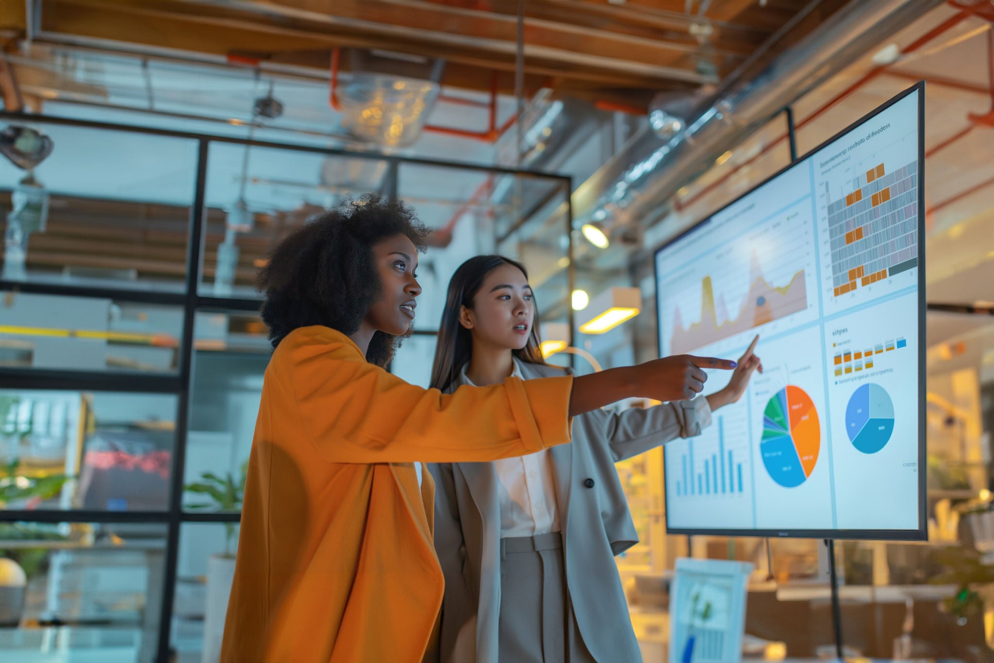 Two Creative Colleagues Collaborating, Pointing at Television Set With Financial Graphs And Charts in Office. Asian Female CEO Consults Black Marketing Manager. Two Women Brainstorming