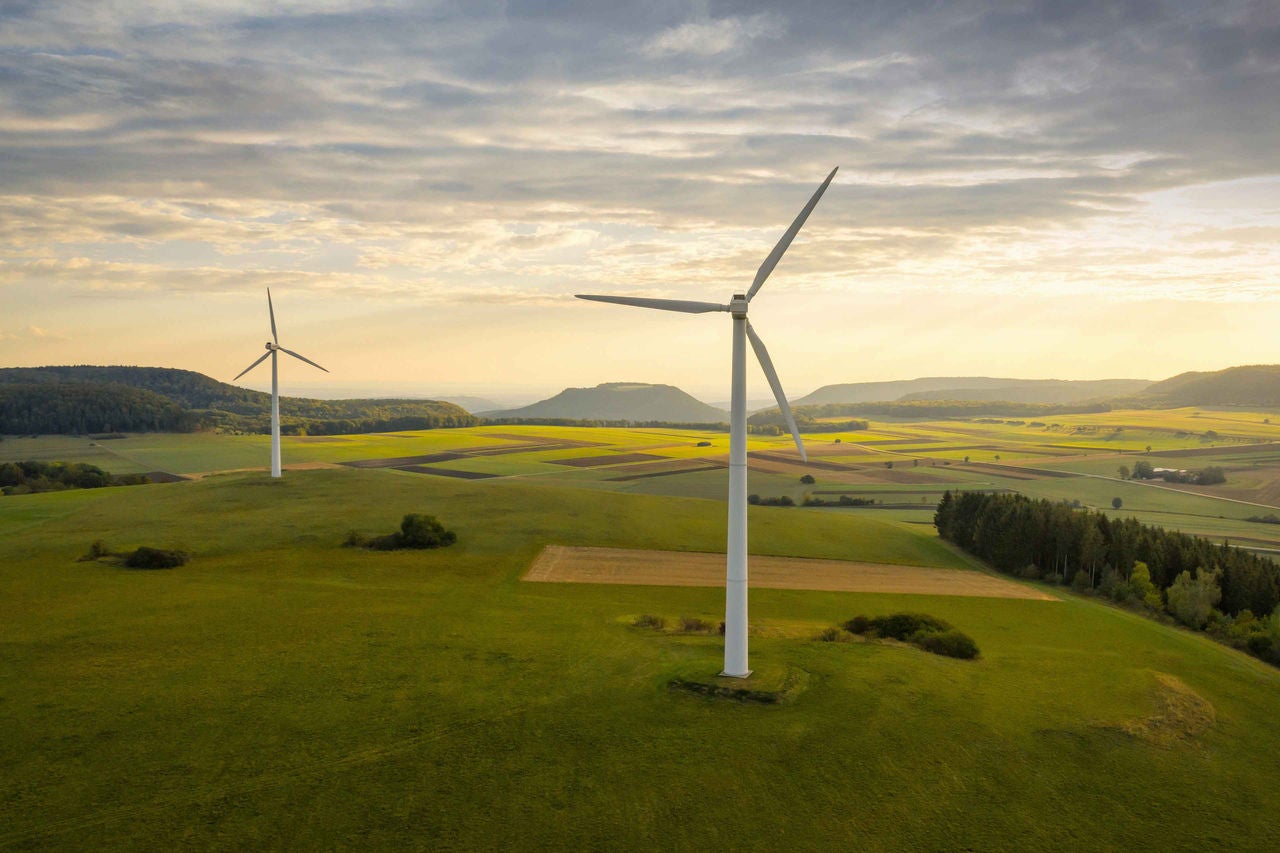 Windkraftanlage in grÃ¼ner Sommerlandschaft