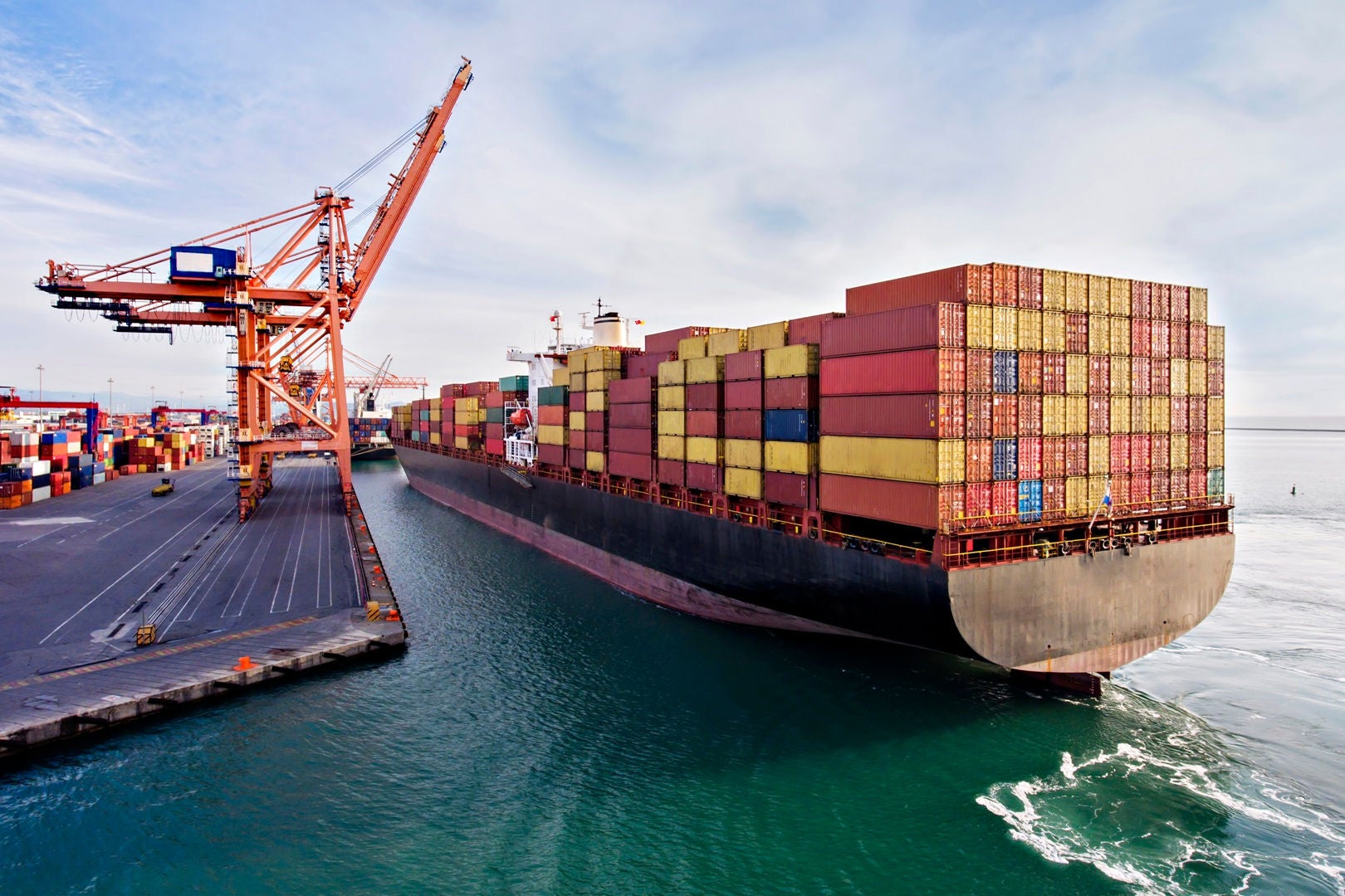 Aerial view of cargo ship in transit.