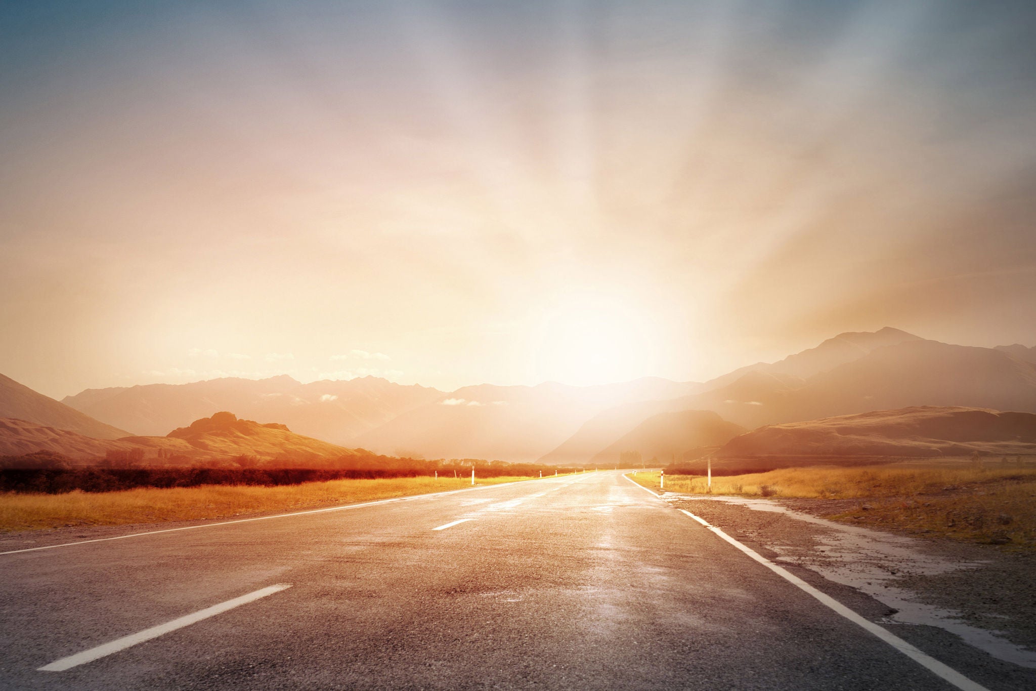 Nature landscape of sunset light above asphalt road