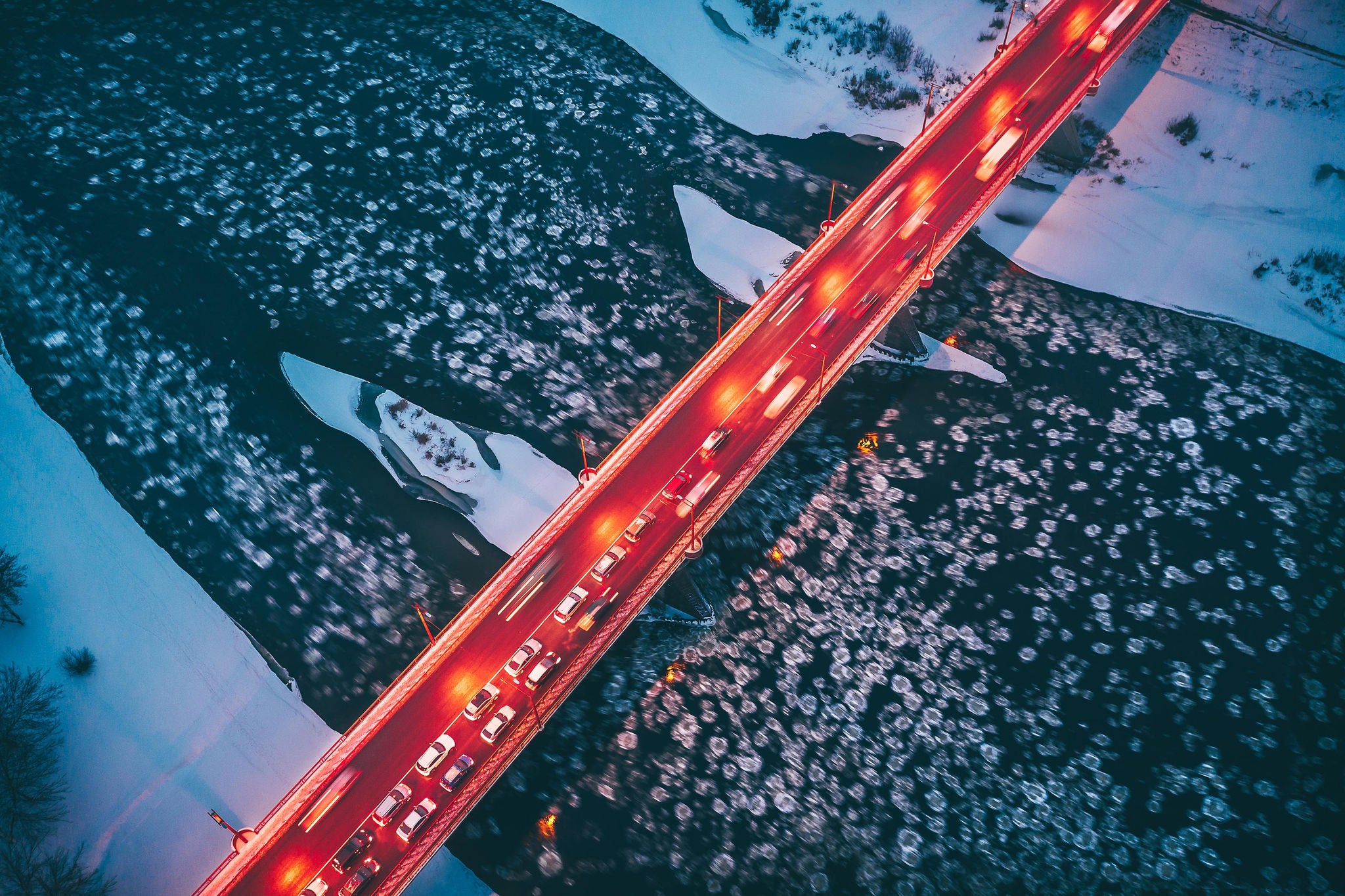 headlights bridge frozen river