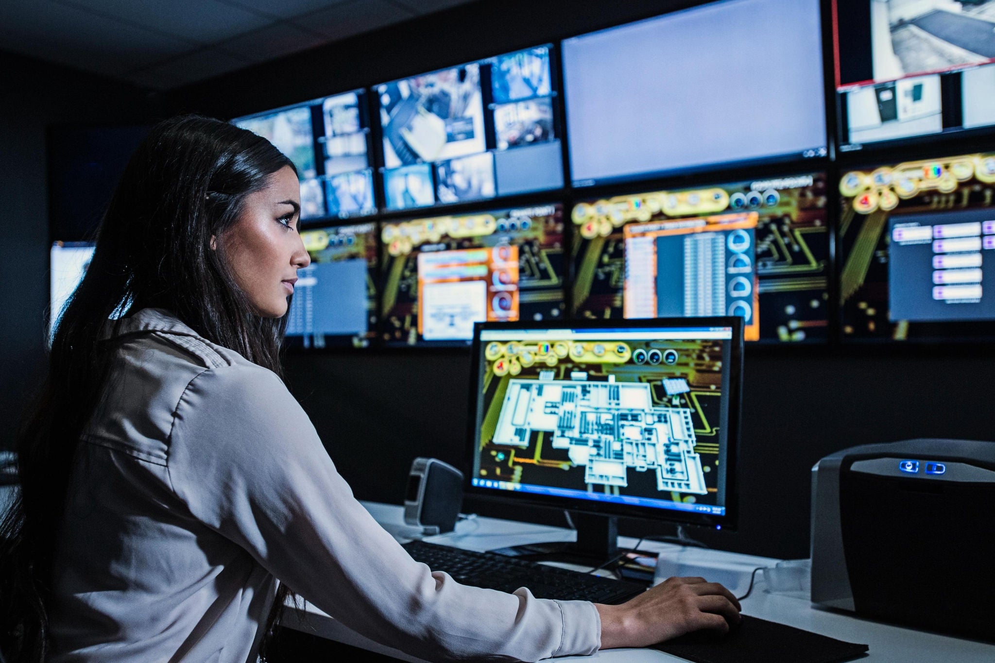 Security guard watching monitors in control room