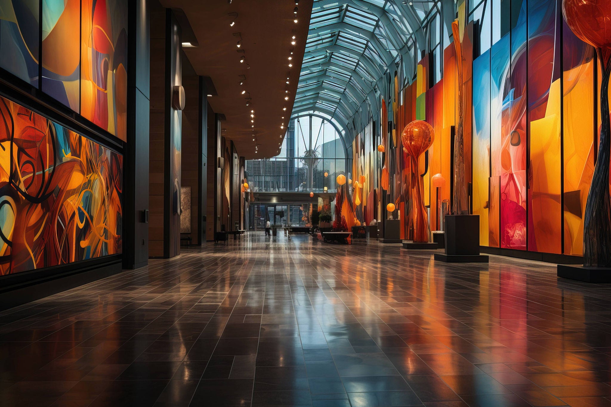 Spacious and modern art gallery interior with vibrant wall art under a glass ceiling, reflecting on glossy floor tiles.