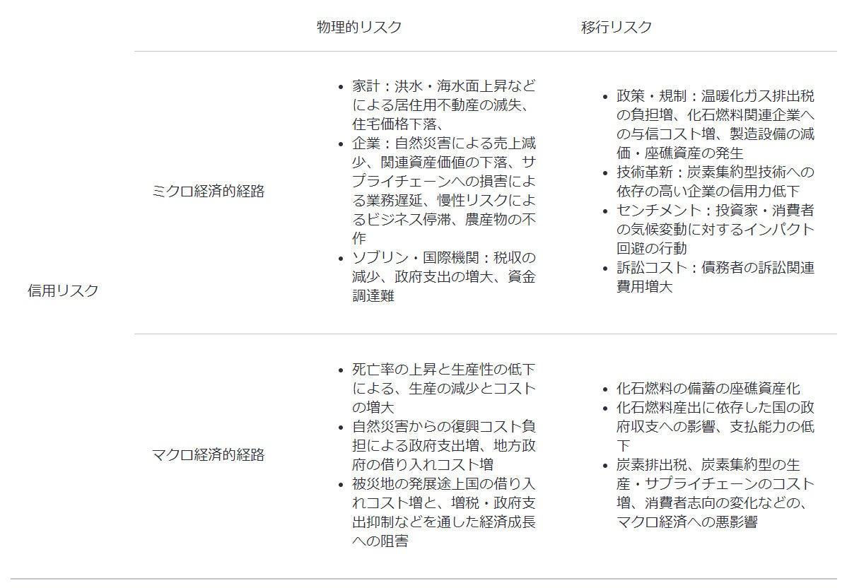 表2：バーゼル委による気候関連リスクの金融機関への波及経路（信用リスク）