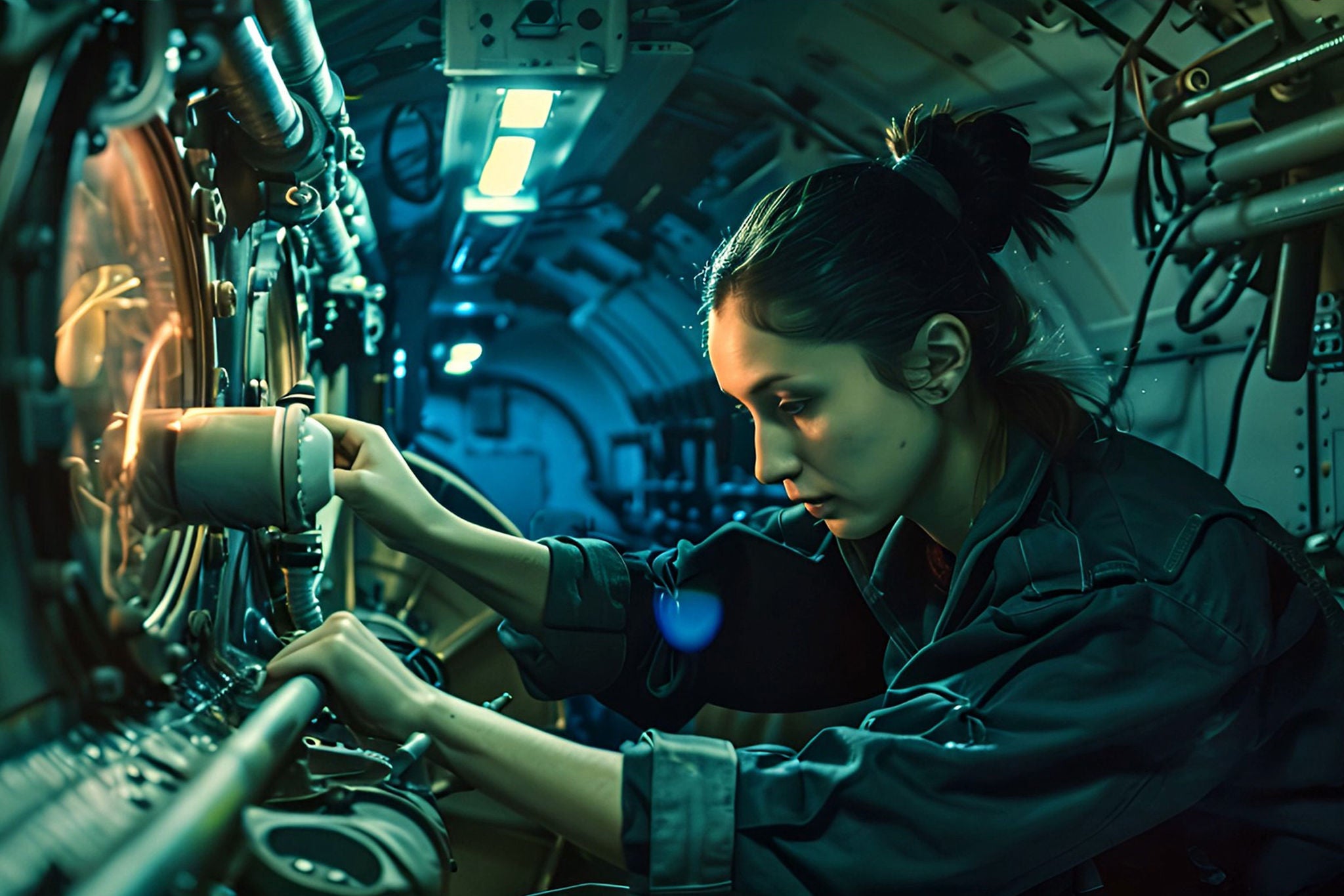 Brunette woman performing plasma laser chromatography on a nuclear submarine