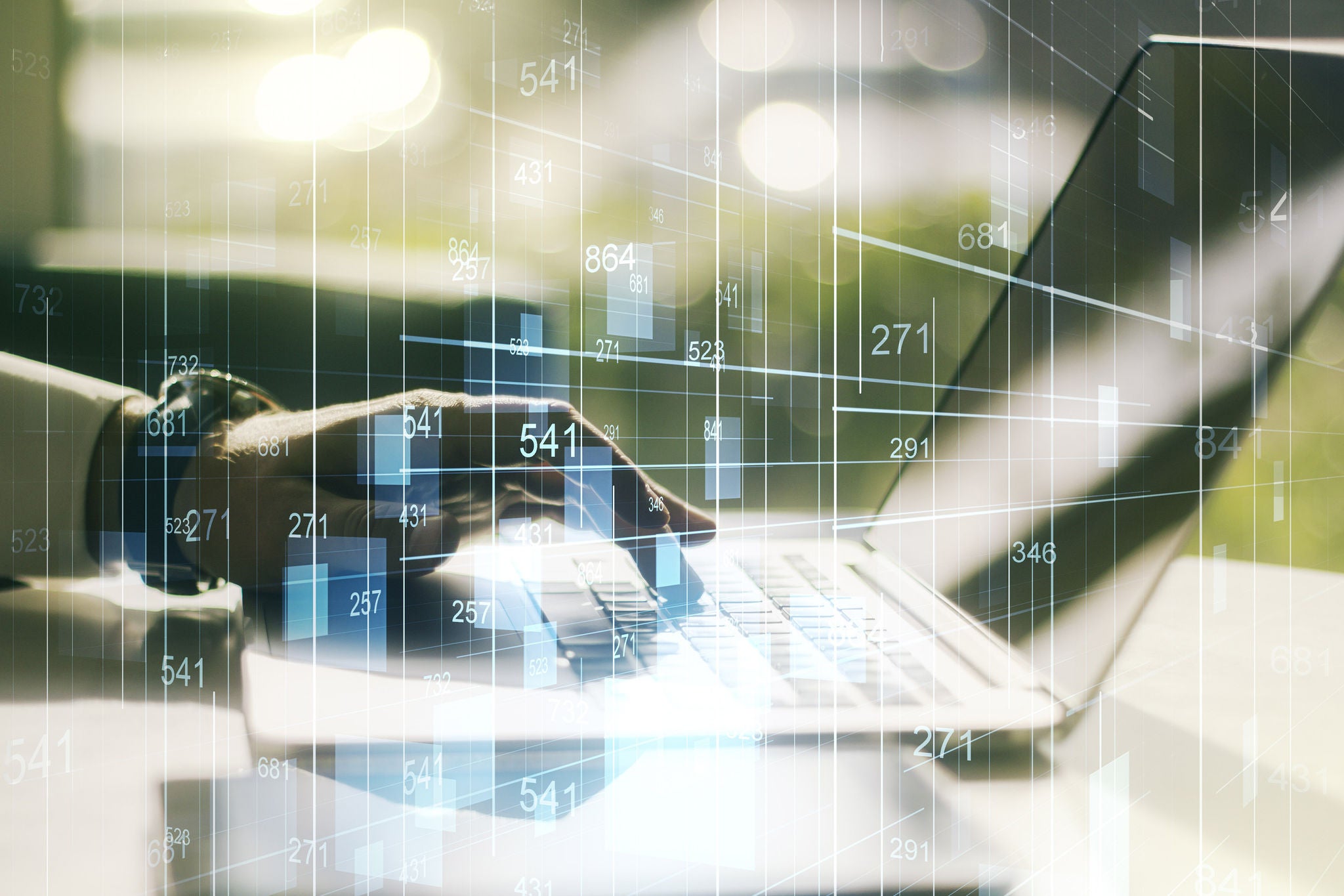 Multi exposure of abstract graphic data spreadsheet sketch with hands typing on computer keyboard on background, analytics and analysis concept