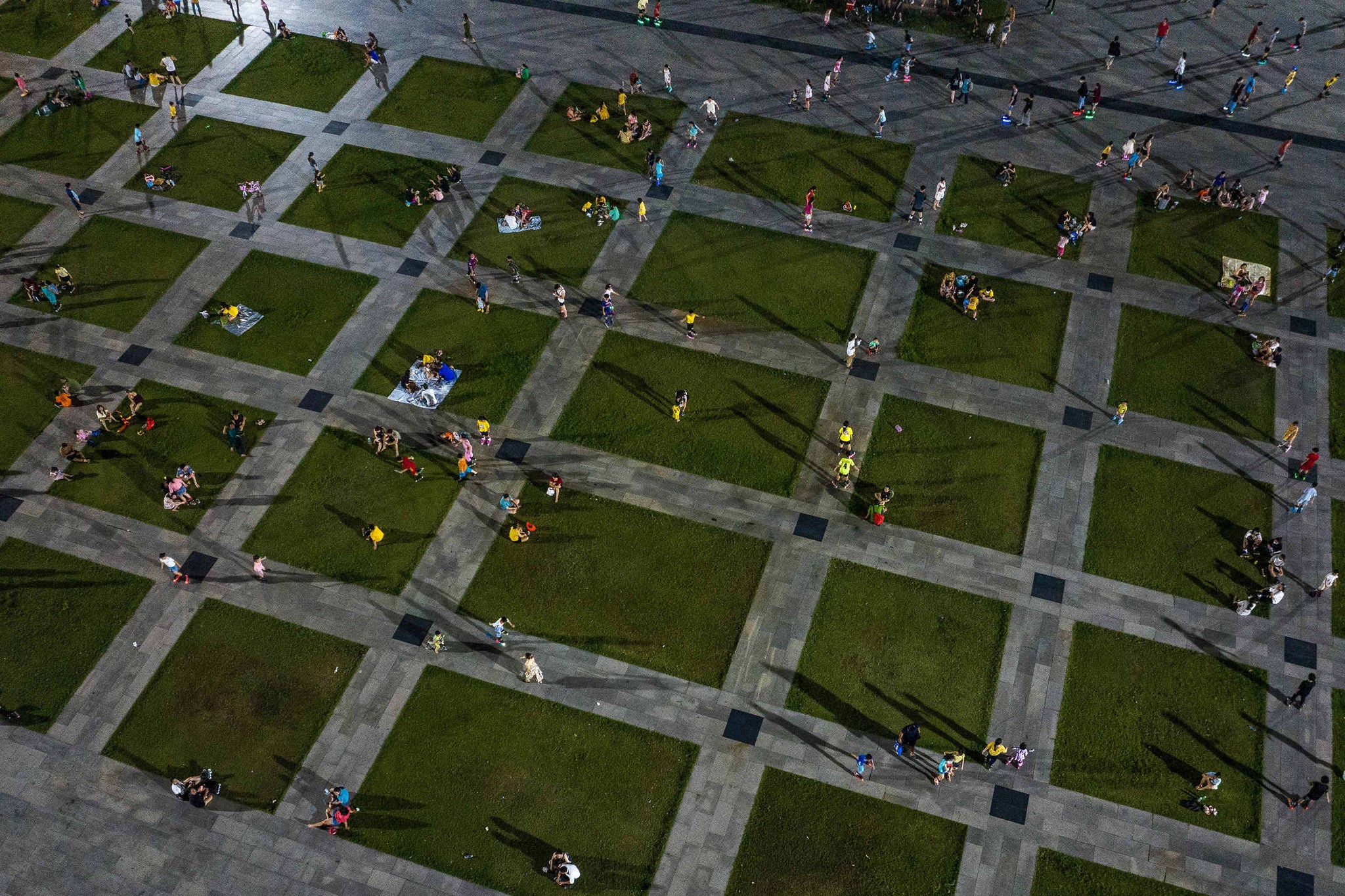 Evening aerial view of Vietnam town square