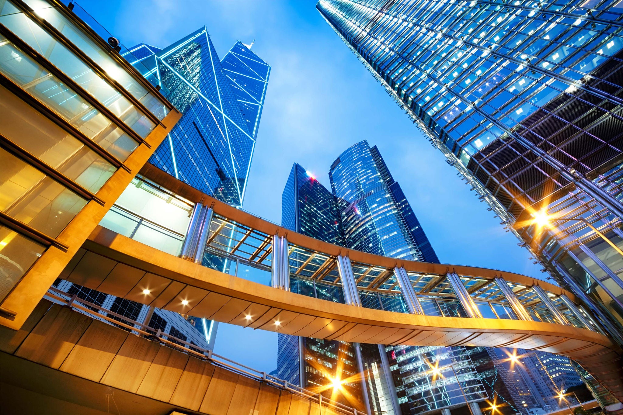 A low-angle view of modern skyscrapers