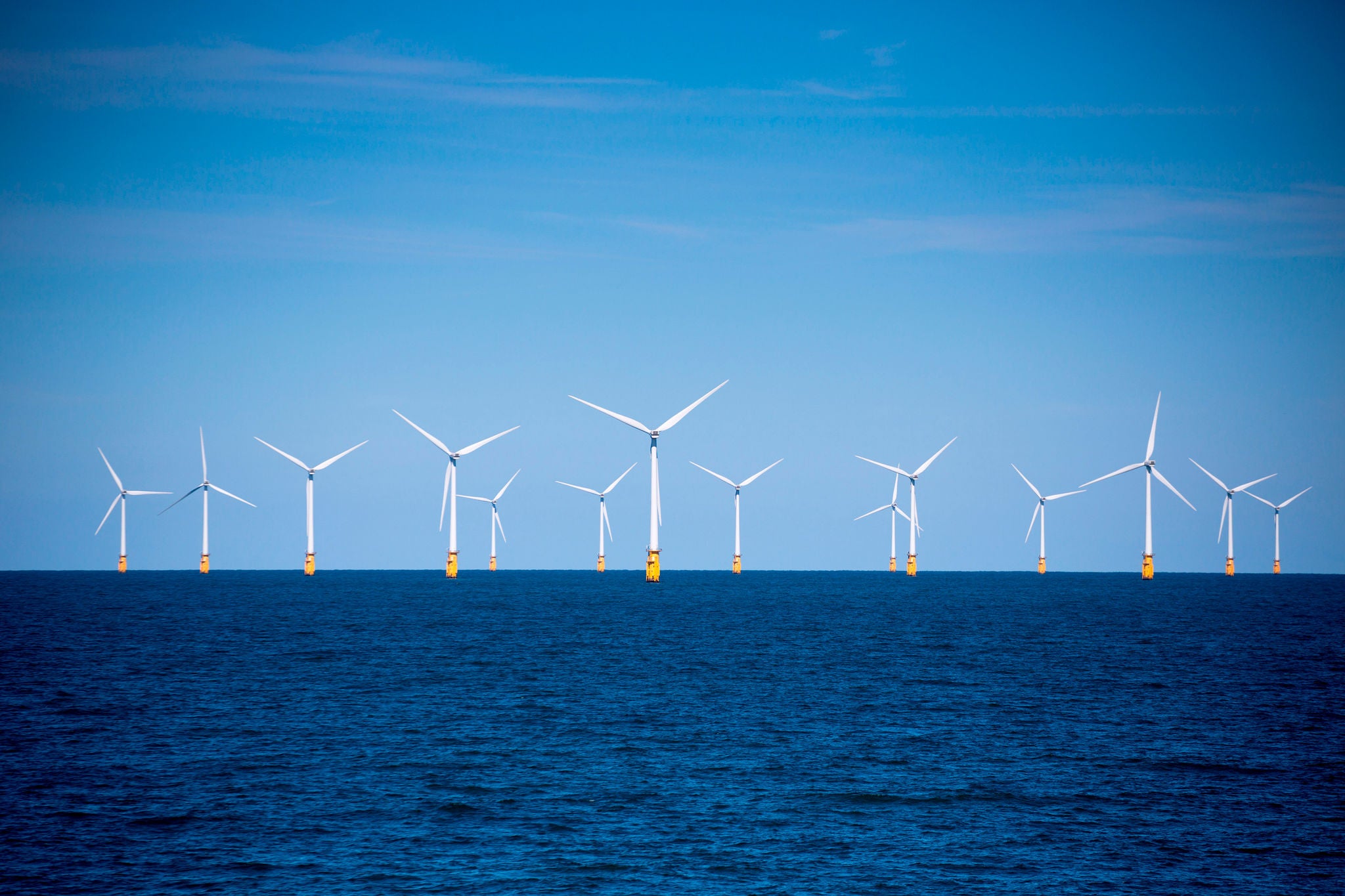 Wind turbines at London Array offshore wind park, North Sea, near England, United Kingdom.