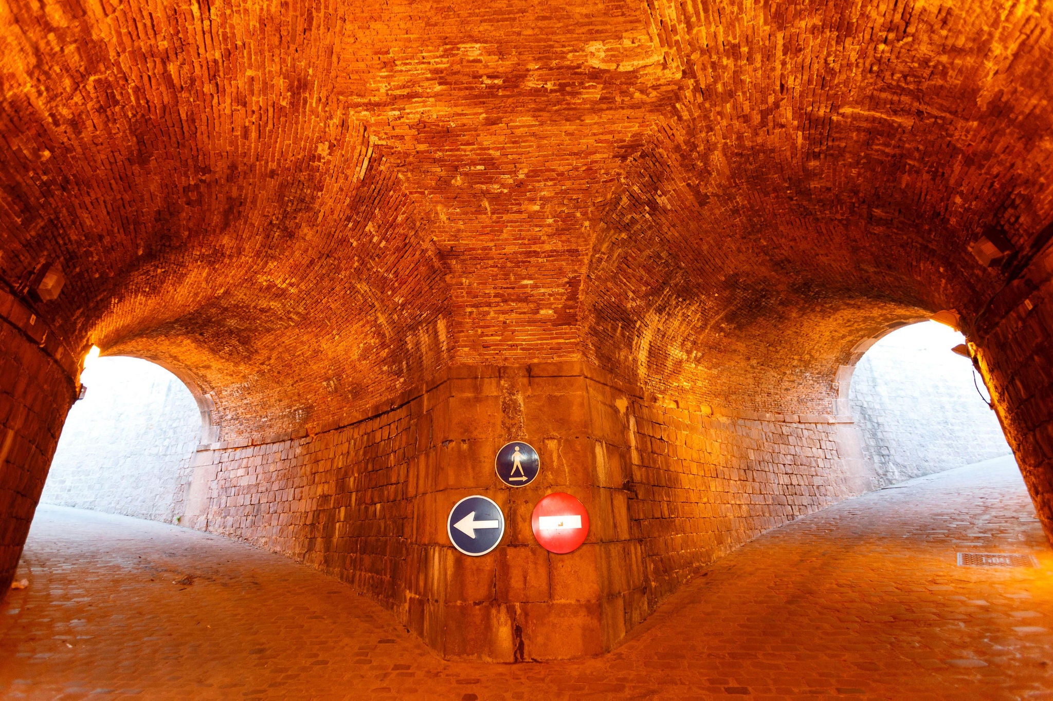 Arches in Montjuic Castle, Montjuic hill, Barcelona, Catalonia, Spain