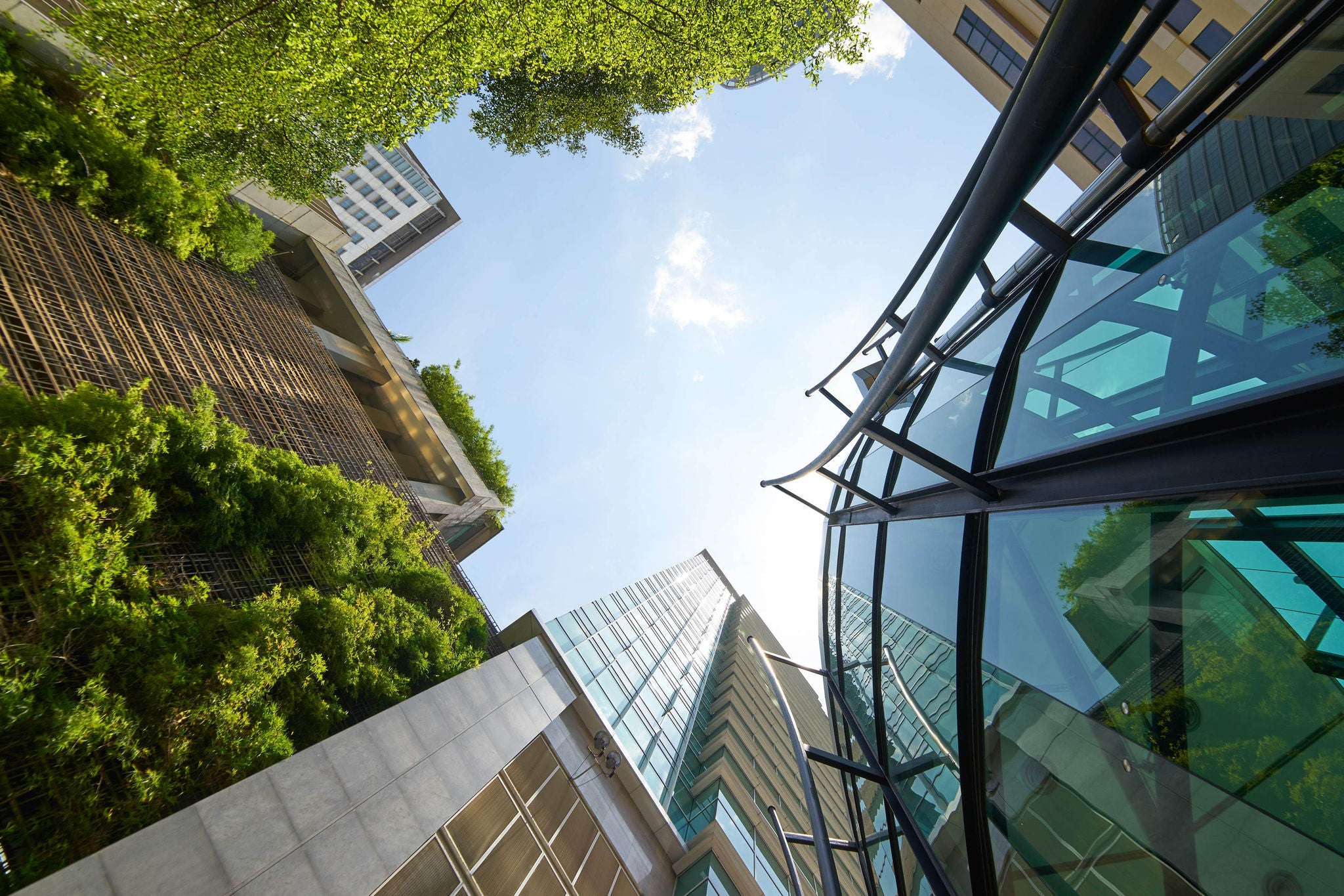 Low angle shot of modern glass buildings and green with clear sky background