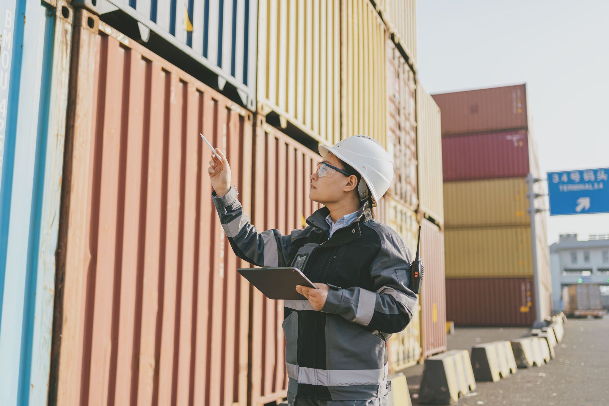 Worker checks information at the container terminal