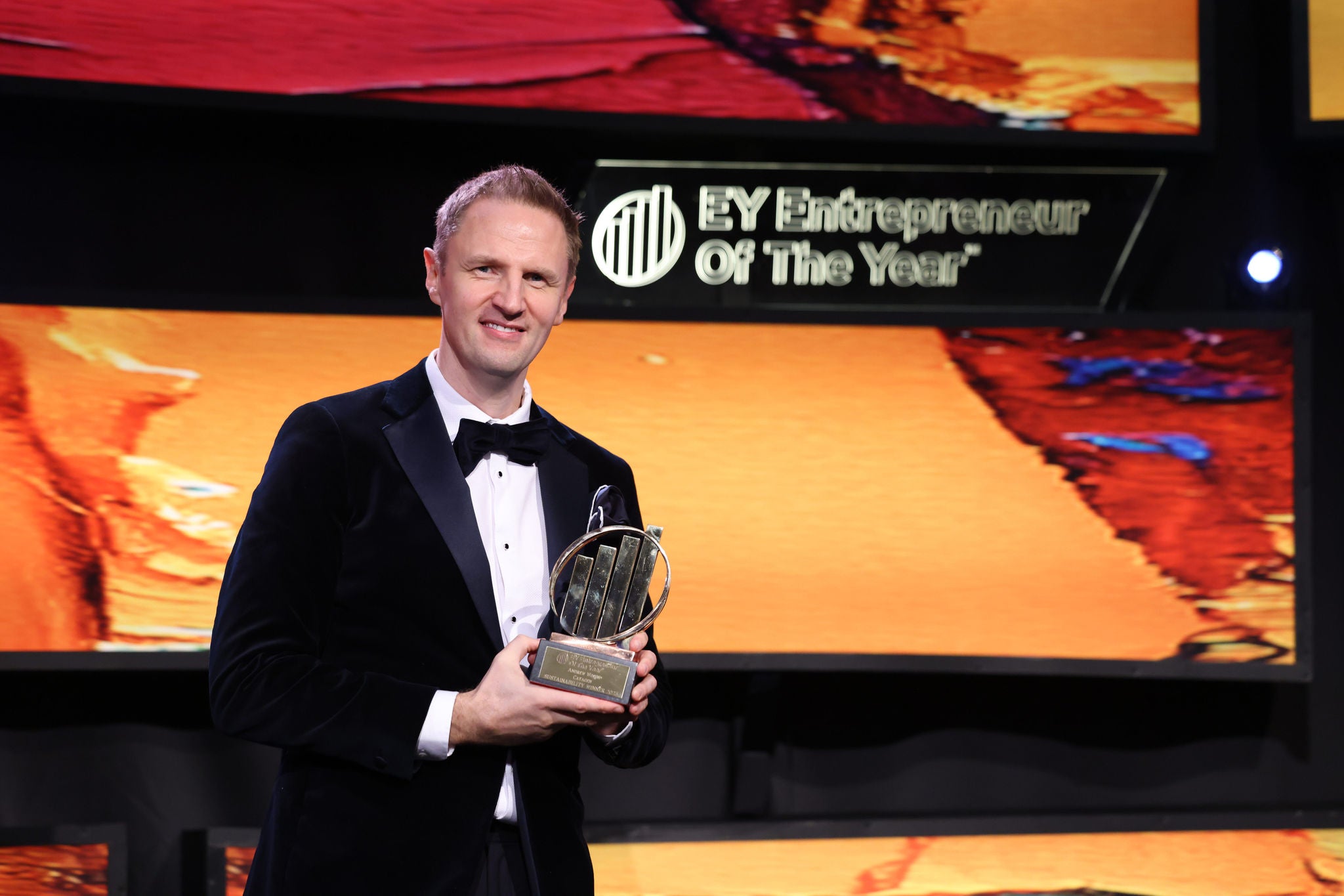 24-11-23
Picture shows Dr Andrew Woods, CEO and Founder of CATAGEN was the recipient of the 2023 EY Entrepreneur Of The Yearª Sustainability award. The EY Entrepreneur Of The Yearª Sustainability Award recognises the critical importance of innovation leadership in meeting our collective sustainability challenges.Ê Established in 2019, Belfast-based cleantech company CATAGENÕs primary objective is to clean and decarbonise the air. CATAGEN provides a range of emissions tests for after-treatment systems to vehicle manufacturers which will have a direct impact on our cities and air quality. The company was founded on technology for green emissions testing and is now evolving this technology to find new ways of making hydrogen, e-fuels, capture carbon and compress hydrogen, all of which are needed to achieve a decarbonised world. The announcement was made at the annual gala awards ceremony which took place at the Powerscourt Hotel, Co. Wicklow.Pic:Naoise Culhane-no fee