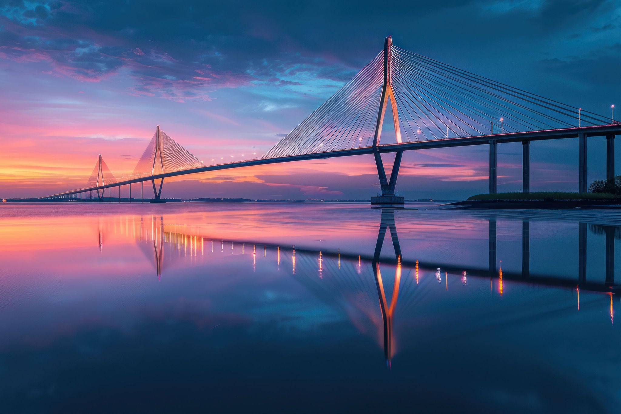 Twilight colors reflect on modern bridge in a perfect loop over calm waters