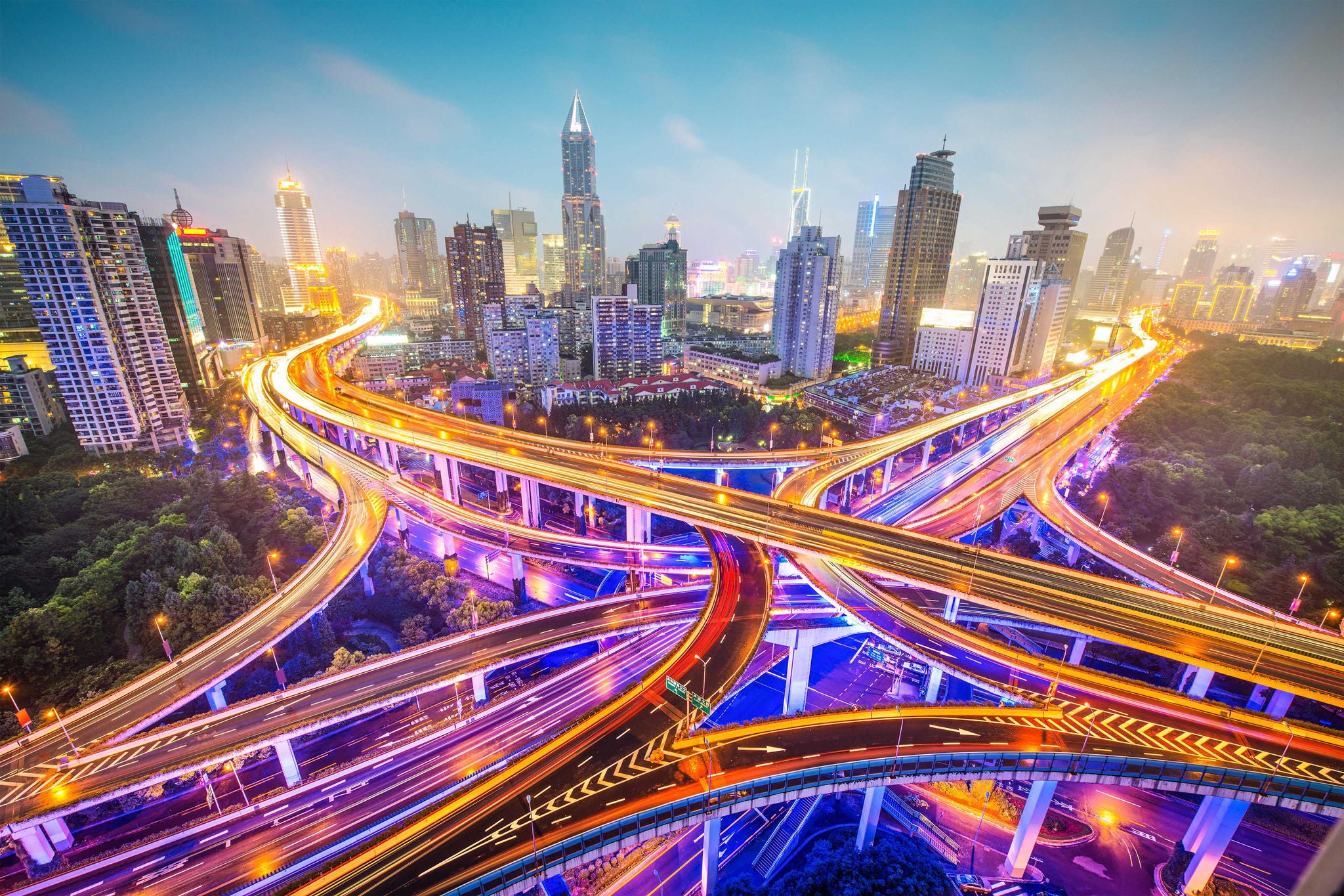 E4JYKA Shanghai, China aerial view over highways.