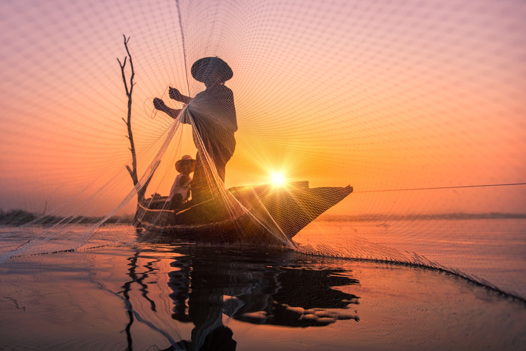 A man threw the fishing net into the water during sunrise