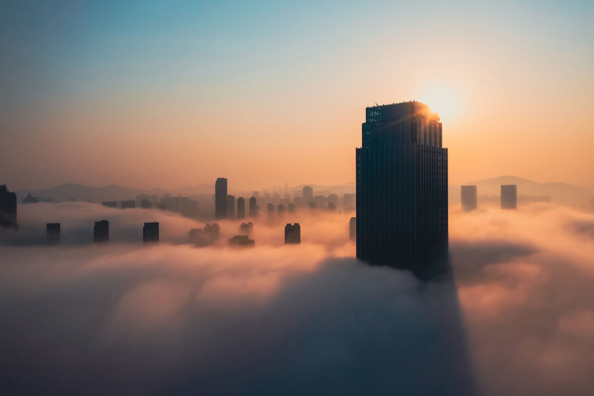 Aerial view of office building in cloud