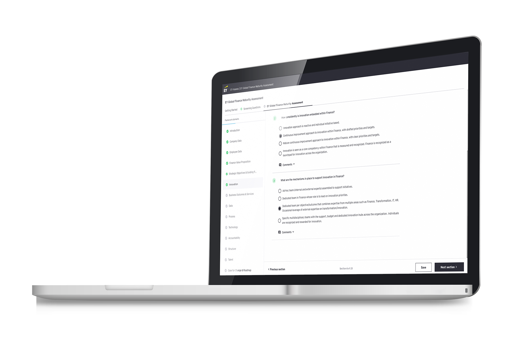 Laptop view of finance maturity self assessment