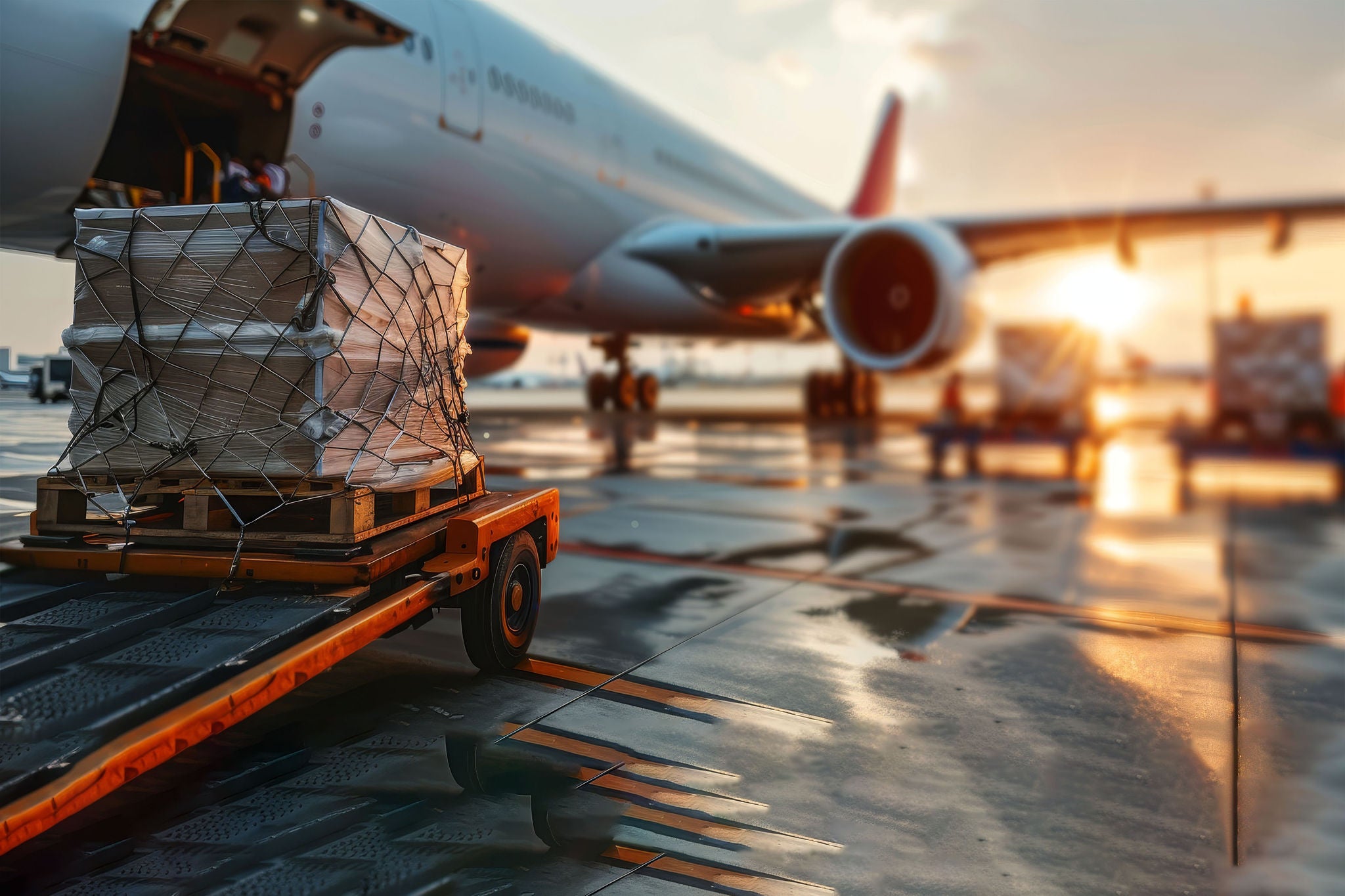 The cargo is loaded onto the plane.