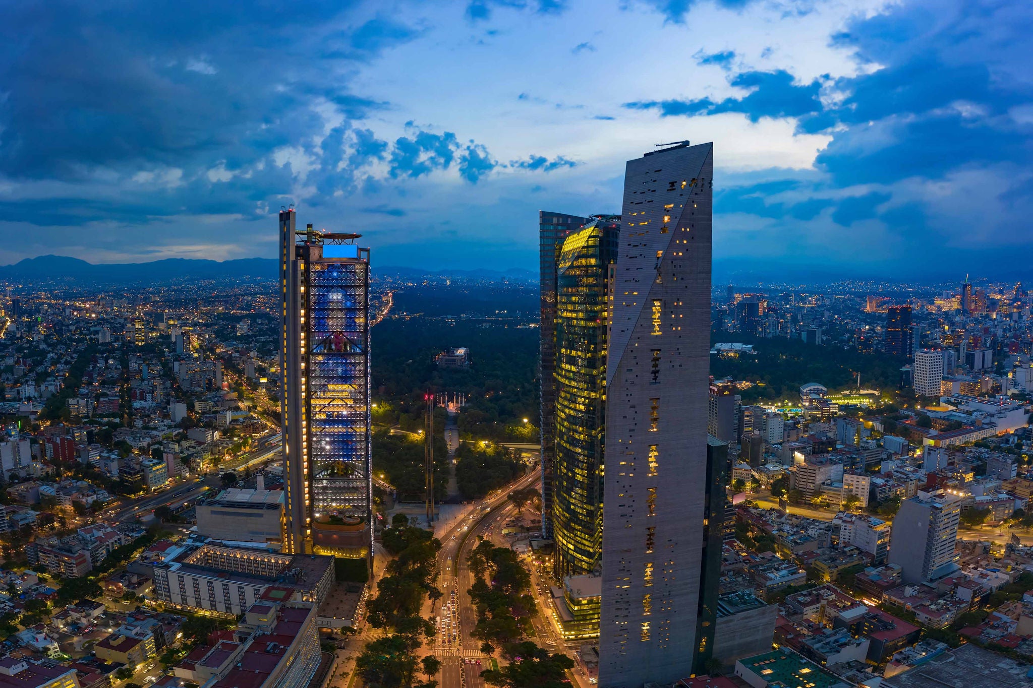 Sky scrapers in the night in Mexico City